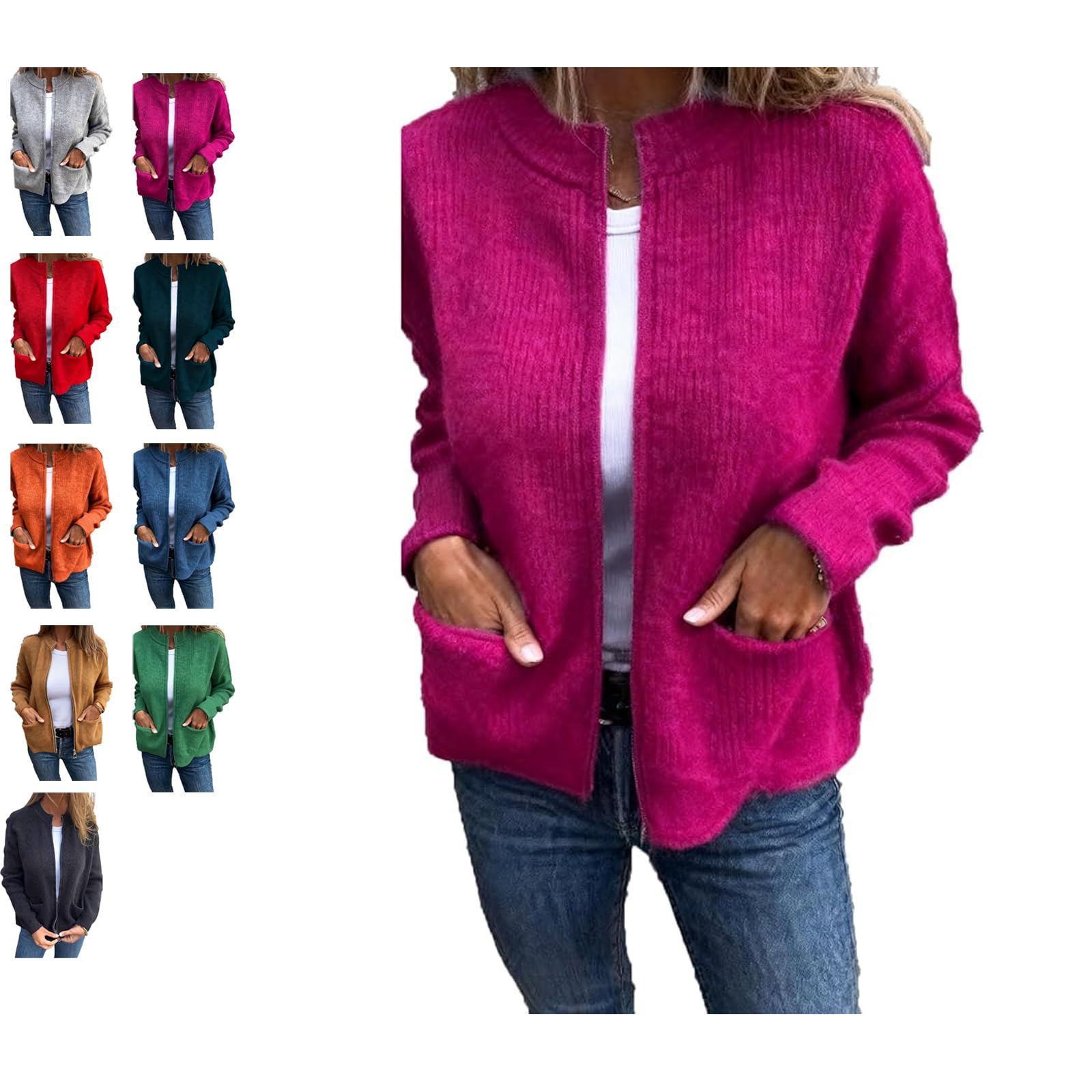 Round Neck Zipper Knitted Jacket with Pockets, Women's Zip up Knit Cardigans Open Front, Long Sleeve Casual Outwear