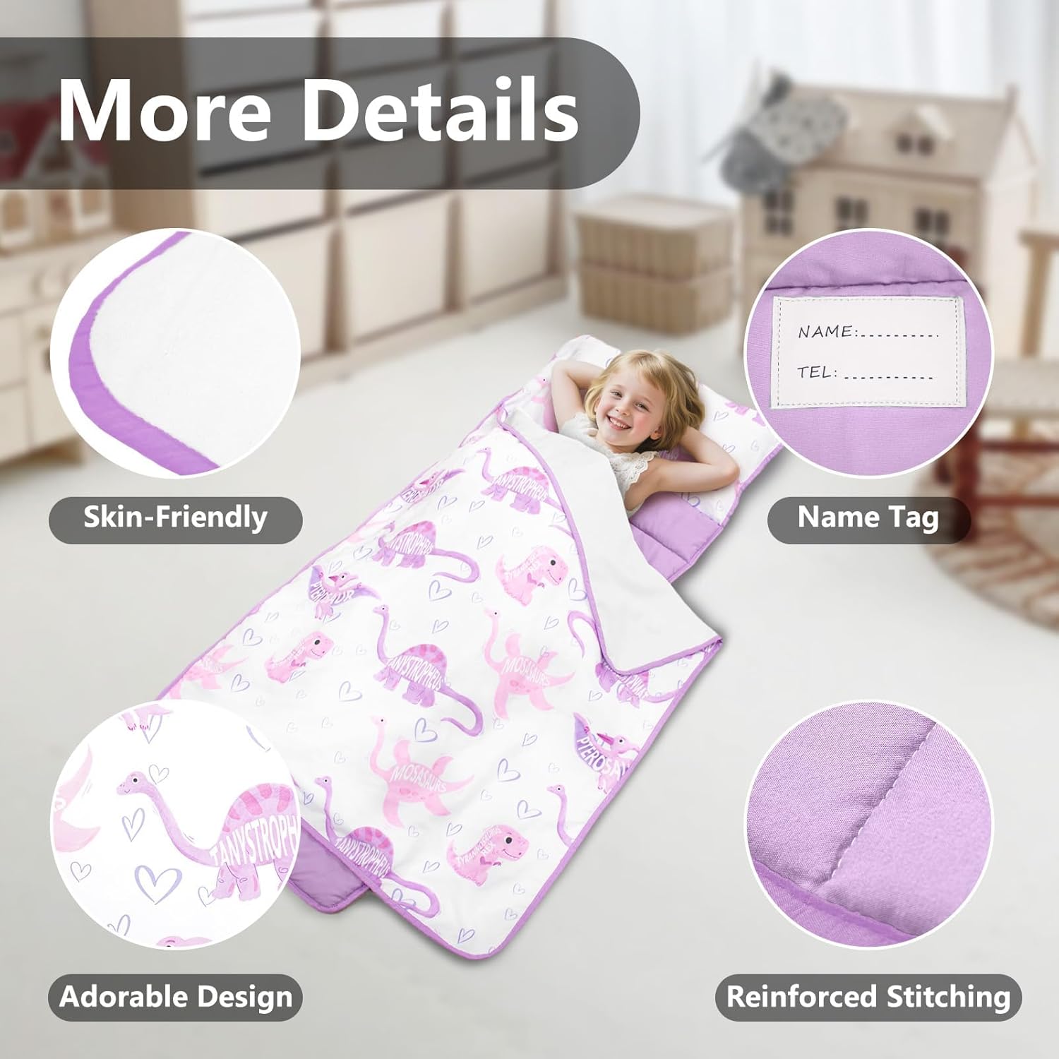 Primlect Lightweight Toddler Nap Mat, Portable Rolled Design Perfect for Daycare Travel, 51”x31 All-in-One Sleeping Bag with Removable Pillow and Fleece Blanket for Boys Girls, Machine Washable