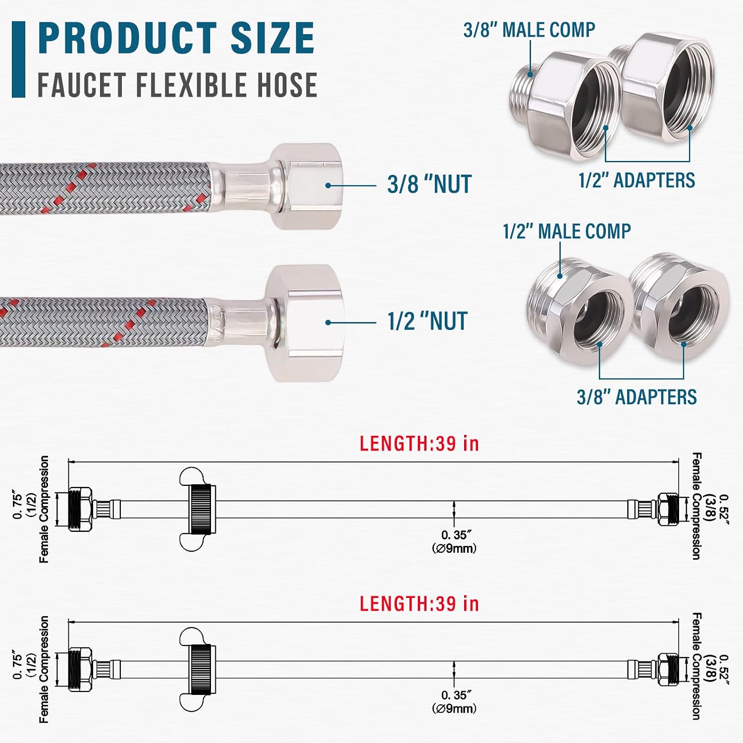 39" Faucet Water Supply Lines, Braided Nylon Faucet Hose Connector for Bathroom Kitchen Sink Faucet 3/8" Comp x 1/2" Comp 2Pcs (1 Pair)