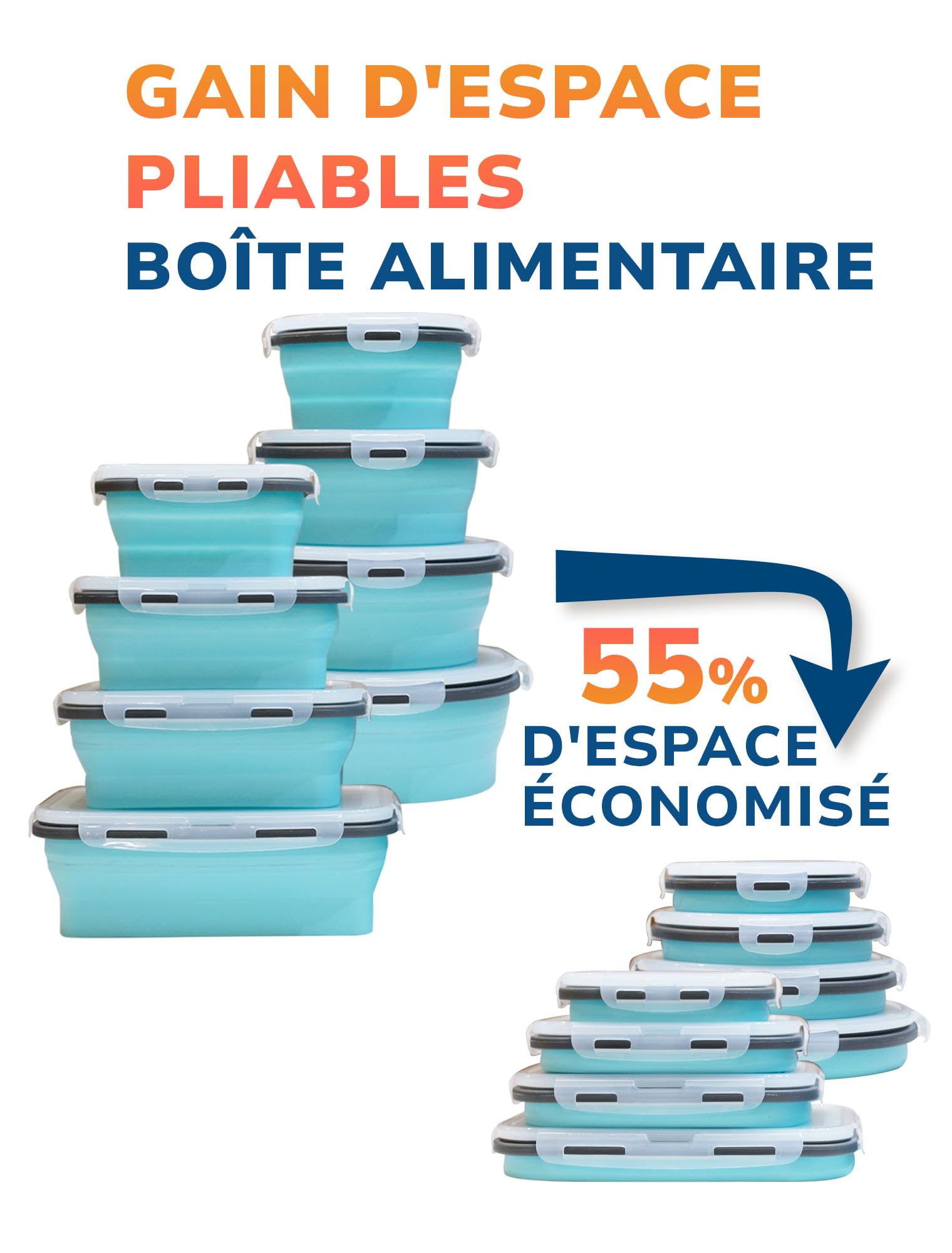 Lunememo Lot de 8 boîtes alimentaires pliables en silicone avec couvercles, passent au congélateur et au lave-vaisselle, boîte à déjeuner pliable pour camping-car, restes, collations, repas