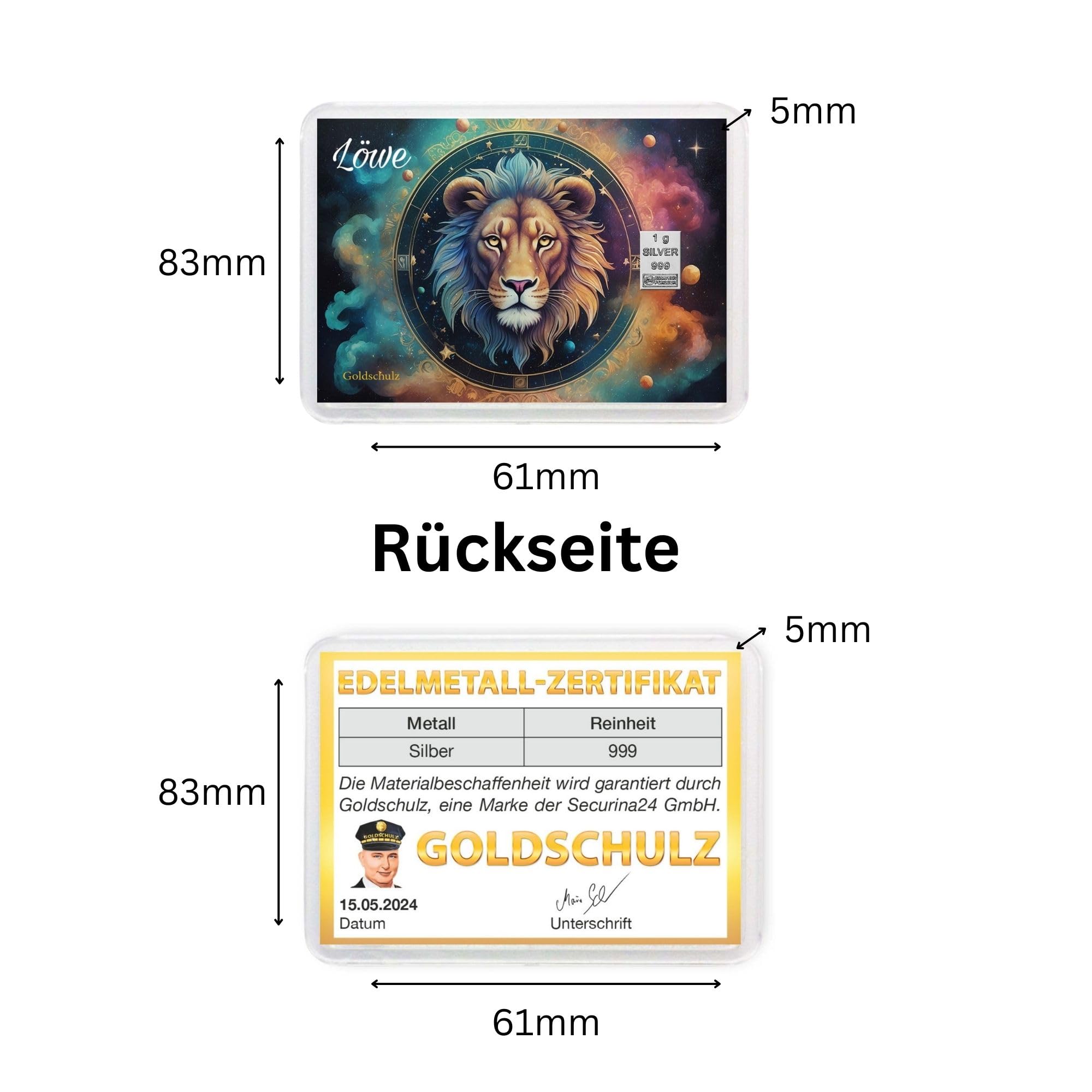 Silberbarren 1g 1 Gramm Motivbox - Sternzeichen Löwe - Geschenk + Echtheitszertifikat