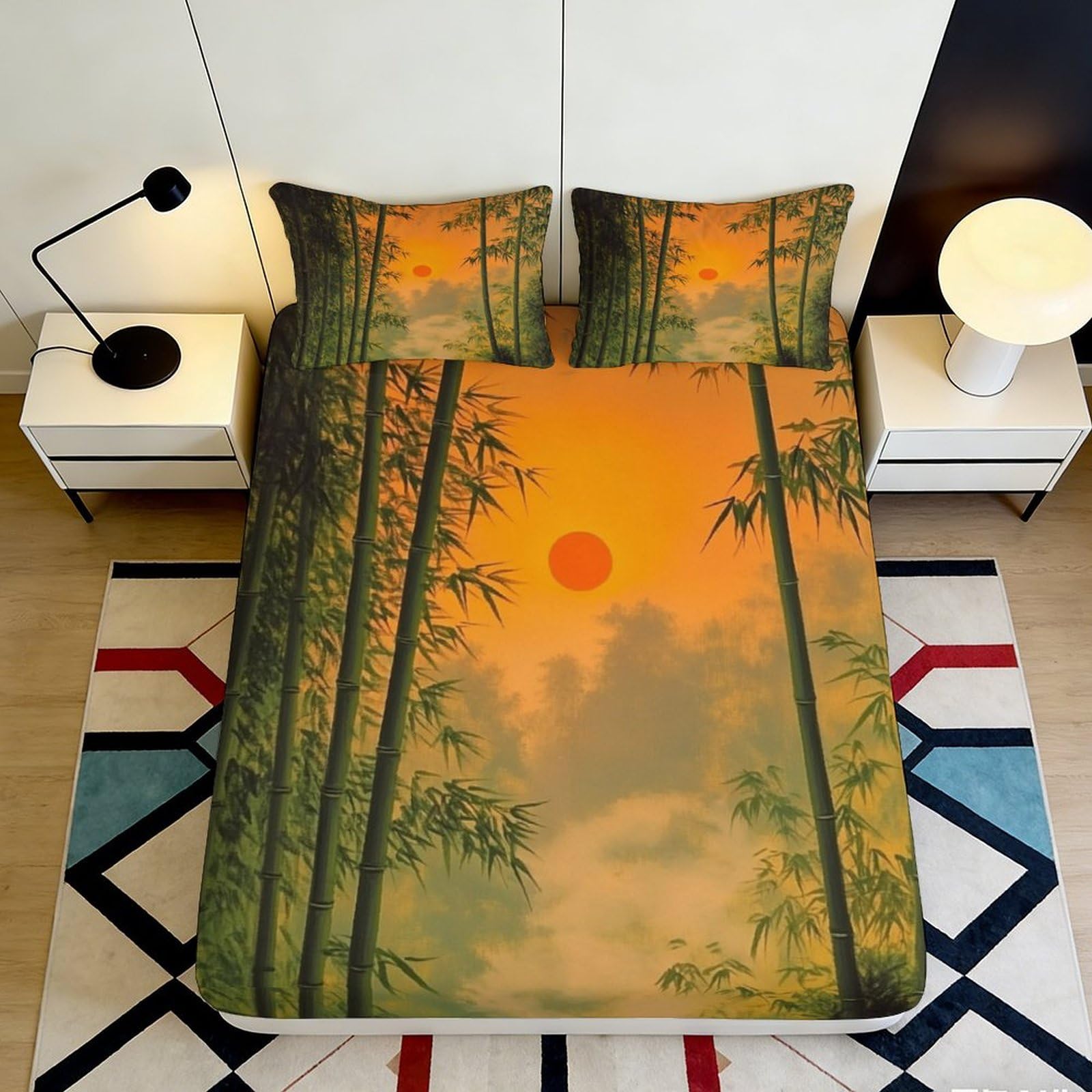 3D Printed Bamboo Forest Sunset Fitted Sheet Microfiber Non Slip Bed Cover Easy Care for Bedroom Guest Room 90x200x25cm