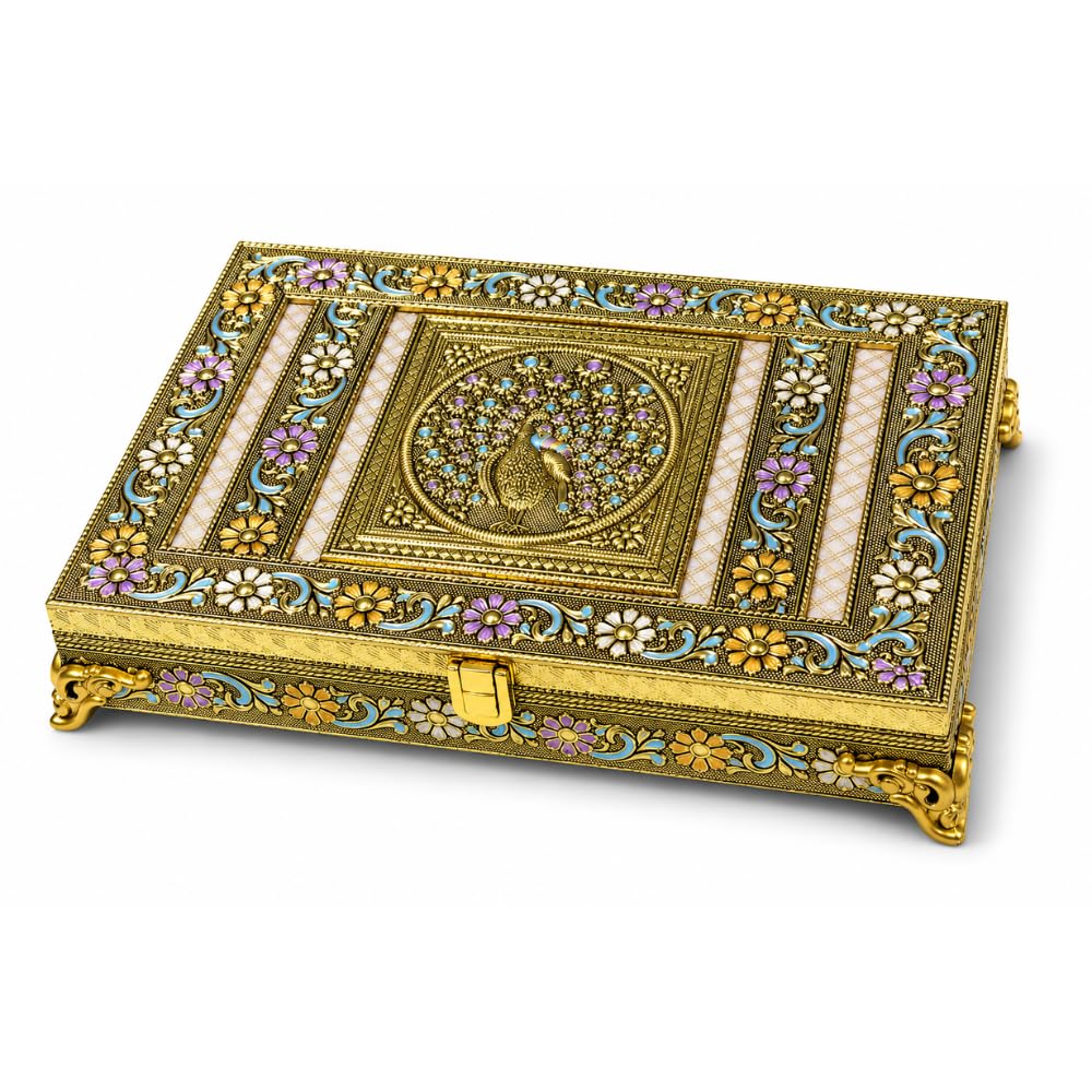Luxury Gold Plated Dry Fruit Box with 6 Compartments | Decorative Metal Snack & Mithai Storage Box | Premium Gift Box for Diwali, Wedding & Festive Occasions (30 x 20 x 5 cm)-image-23