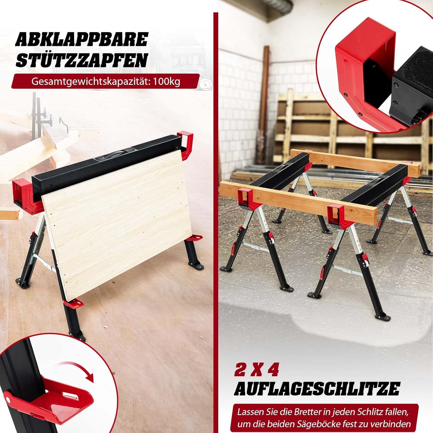 FANTASK 2er-Set Arbeitsbock höhenverstellbar bis 1180 kg belastbar mit Griff, Klappbarer Sägebock Rutschfeste PVC-Oberseite, Rot+Schwarz Tragbarer Unterstellbock