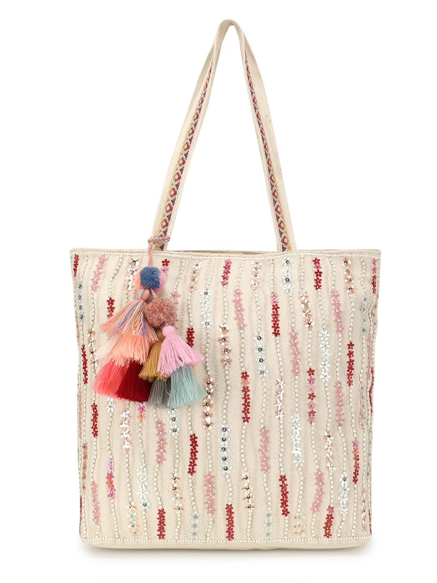 Anekaant Boho Off White & Multi Lehriya Striped Embellished Tote Bag (B0B4JJZ1G5) Amazon Price History, Amazon Price Tracker