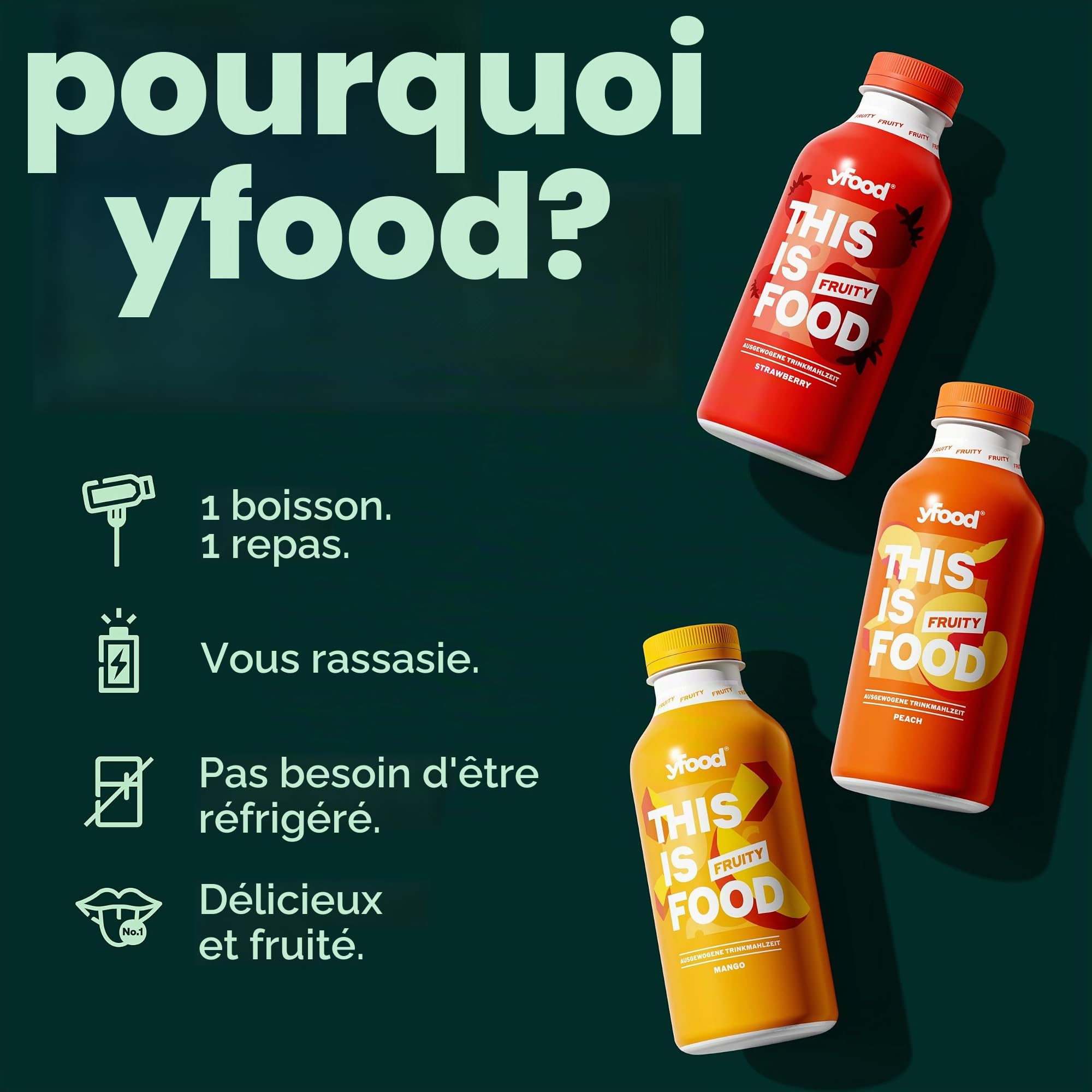 yfood Fruity Strawberry, substitut de repas, 27 g de protéines, 12 x 500 ml