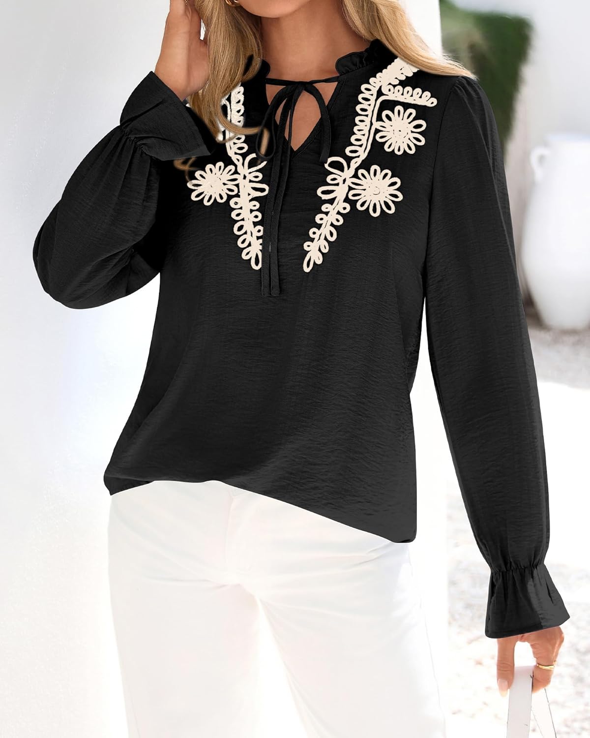 BTFBM Womens Tops Dressy Casual Fall 2025 Boho V Neck Ruffle Long Sleeve Shirts Floral Embroidered Work Business Blouses - Image 8