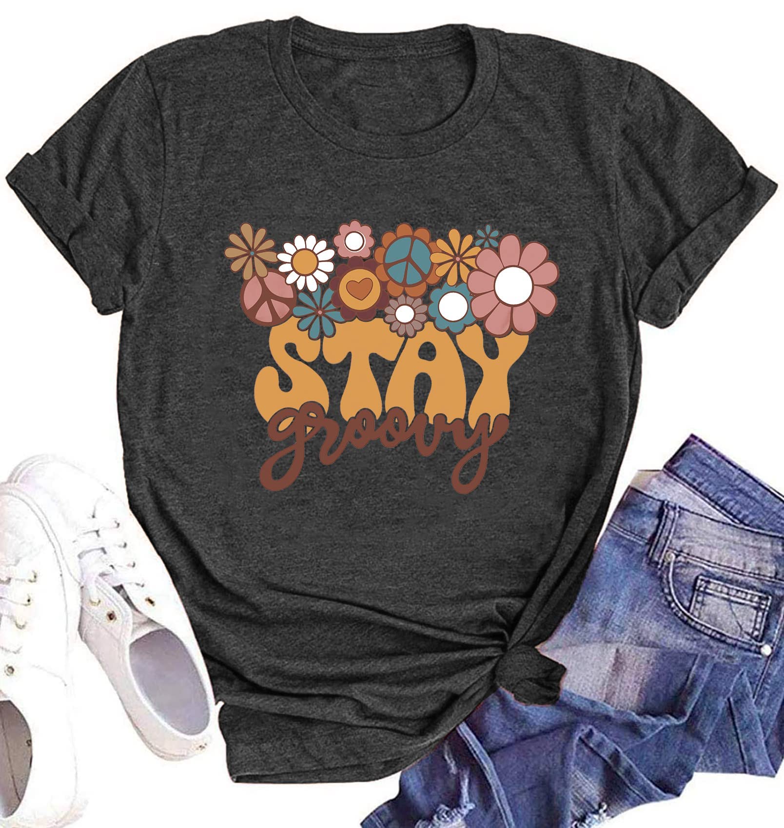 Stay Groovy Shirts for Women Hippie 70s T-Shirt Retro Floral FUUNY Rainbow Graphic Tee Short Sleeve Loose T-Shirts