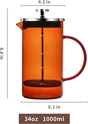 Miniatura 7 de L'ÉPICÉA Cafetera de prensa francesa de 34 onzas, prensa francesa, prensa de café, resistente al calor, cafetera de prensa francesa de vidrio de