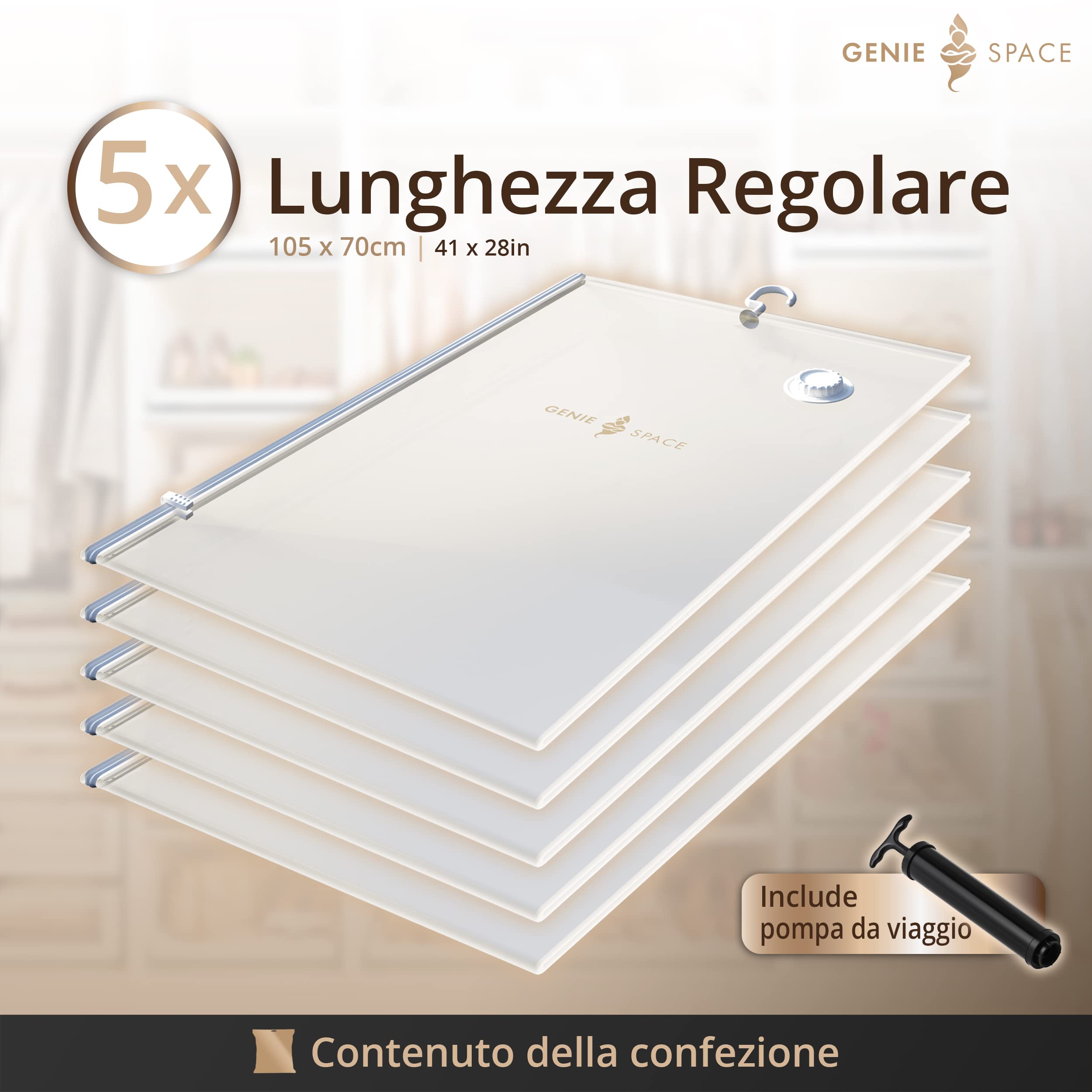 GENIE SPACE Sacchetti Sottovuoto Appendibili Premium per Abiti, Giacche e Cappotti, REGULAR 105×70 cm (5 Pezzi) con Pompa da Viaggio – Riutilizzabili, Ermetici e Anti-odore per Guardaroba e Armadi