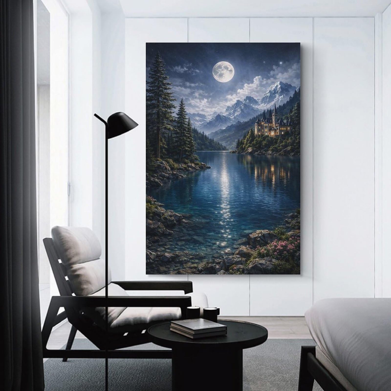 Junmoney Canvas Art Print Enchanted Castle by Moonlit Lake, 20x30inch(50x75cm), for New Homes, Bedrooms Or Workspaces, Thoughtful Wall Decor for Art Lovers