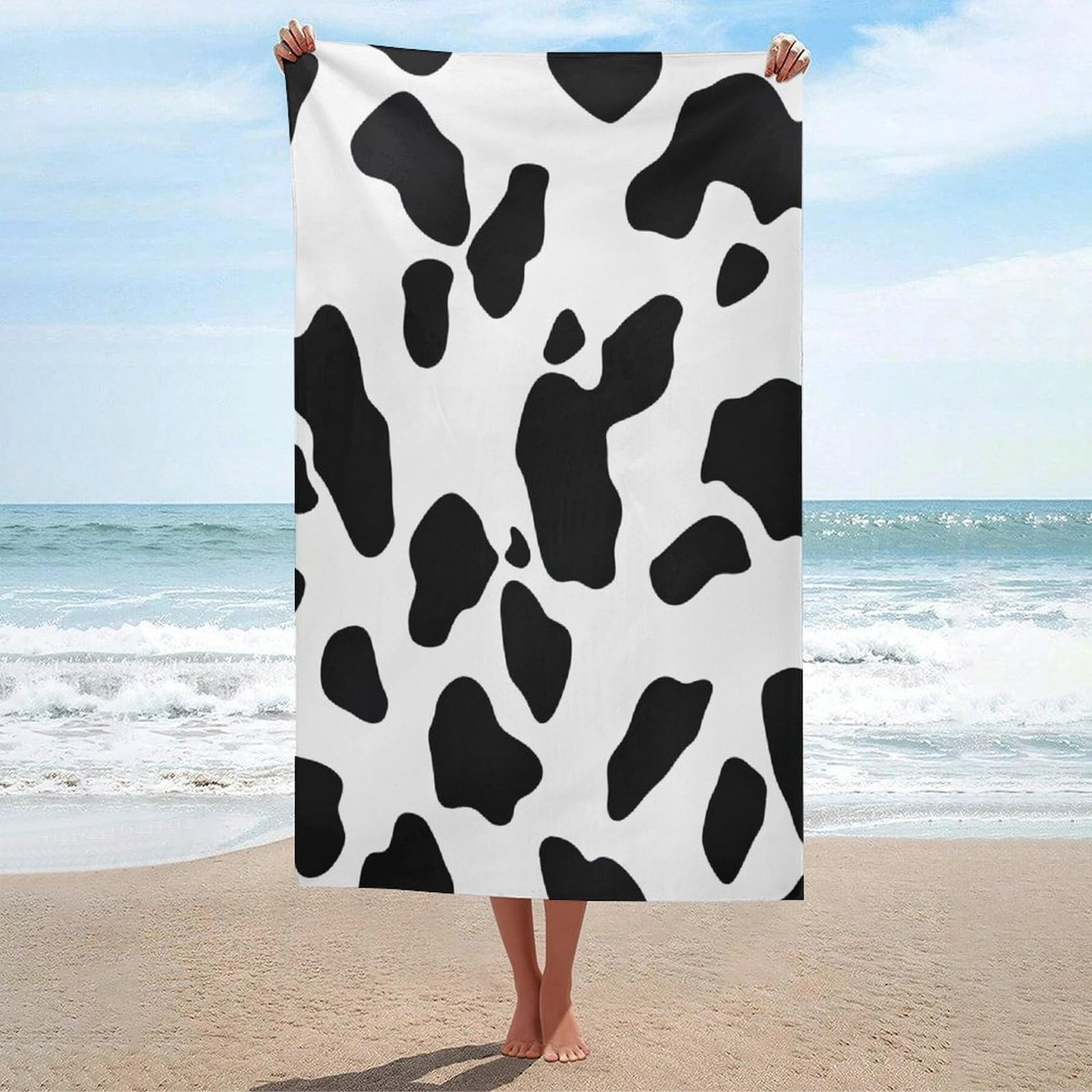 LSRCPD Black And White Cow Print Pattern Beach Towel Sand Free Microfiber Large Shower Towels Multipurpose Absorbent for Bathroom Pool 130x80 CM
