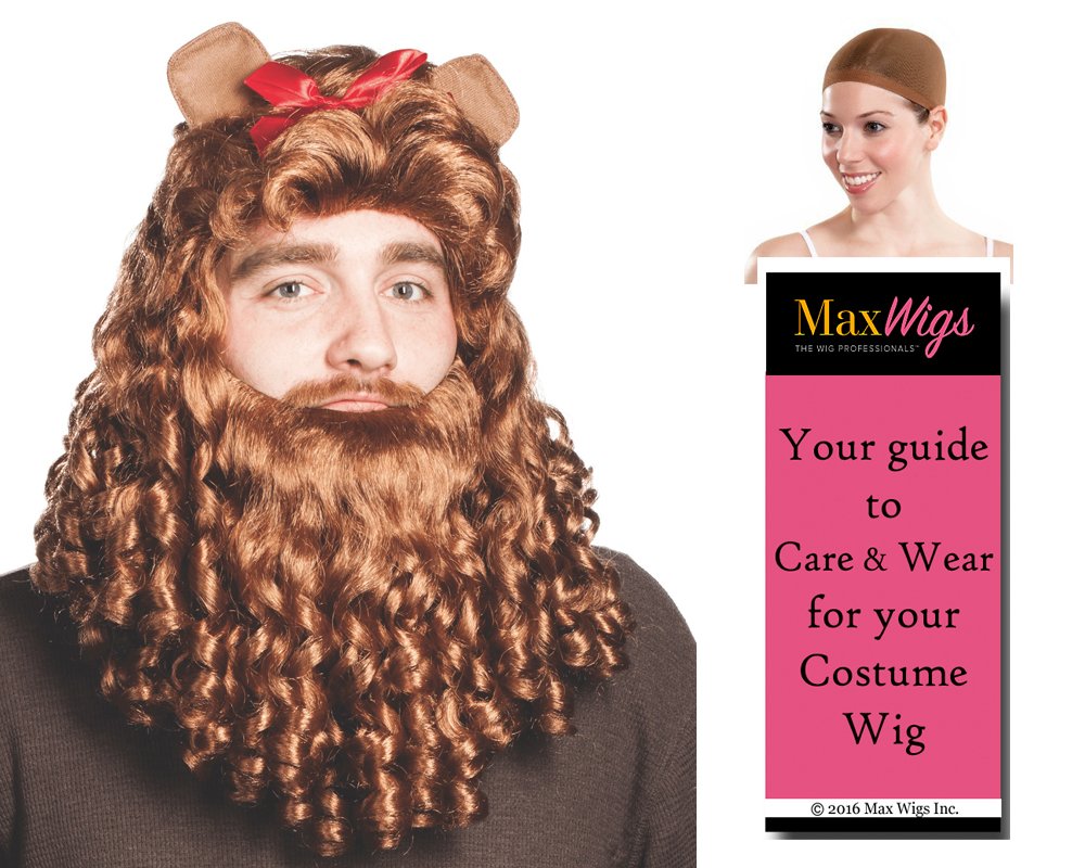 Cowardly Lion Color Brown - Enigma Wigs Curly Men's Wizard Oz Courage Bow Ears Bundle with Wig Cap, MaxWigs Costume Wig Care Guide