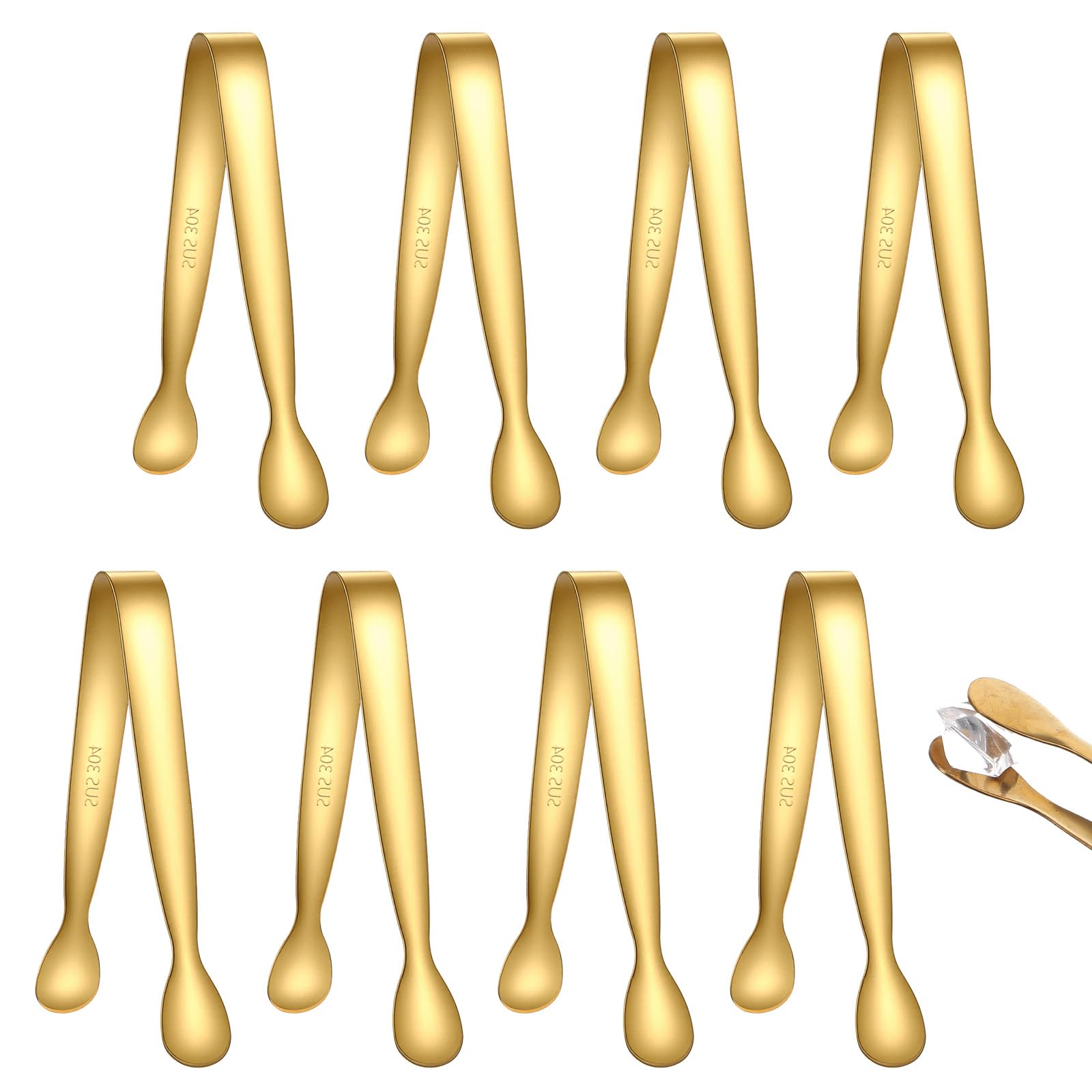 8PCS Gold Ice Sugar Tongs Mini Metal Tongs 4.5"Tiny Stainless Steel Small Serving Tong Gold Kitchen Tong for Appetizers Serving Food Ice Bucket Coffee Bar Tea Party Desserts Toaster