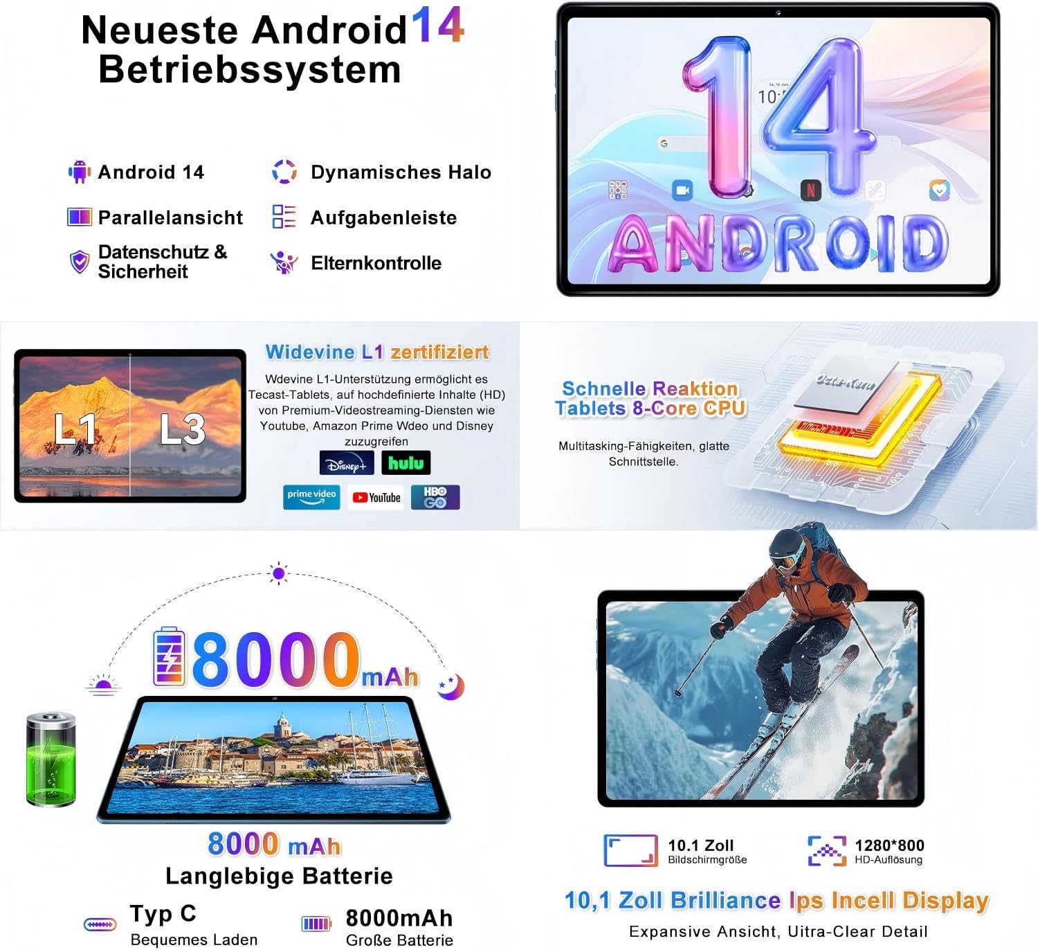 fezawio Android 14 Tablet 10 pollici 22 GB RAM + 128 GB ROM Octa-Core Tablet 5G WiFi, con tastiera mouse, 8000 mAh, (1TB TF) con collina-blu