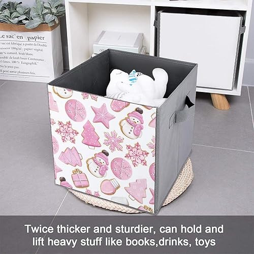 Miniatura 6 de MEIKKO Pink Christmas Cookie Cube Storage Bins Merry Xmas 11 Inch Storage Cubes Foldable Decorative Fabric Storage Baskets for Organizing Home