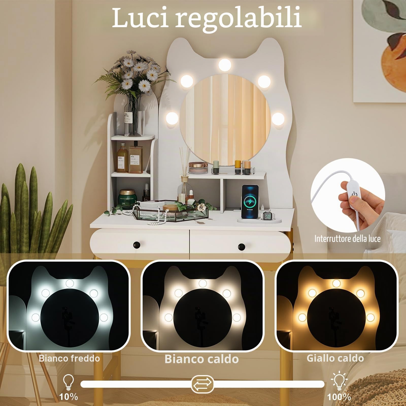HOMASIS Toeletta Trucco a Forma di Gatto con Luci Regolabile su Tre Livelli, Postazione Trucco Salvaspazio con 3 Ripiani e 2 Cassetti, Consolle Make Up con Stazione di Ricarica (Bianco)