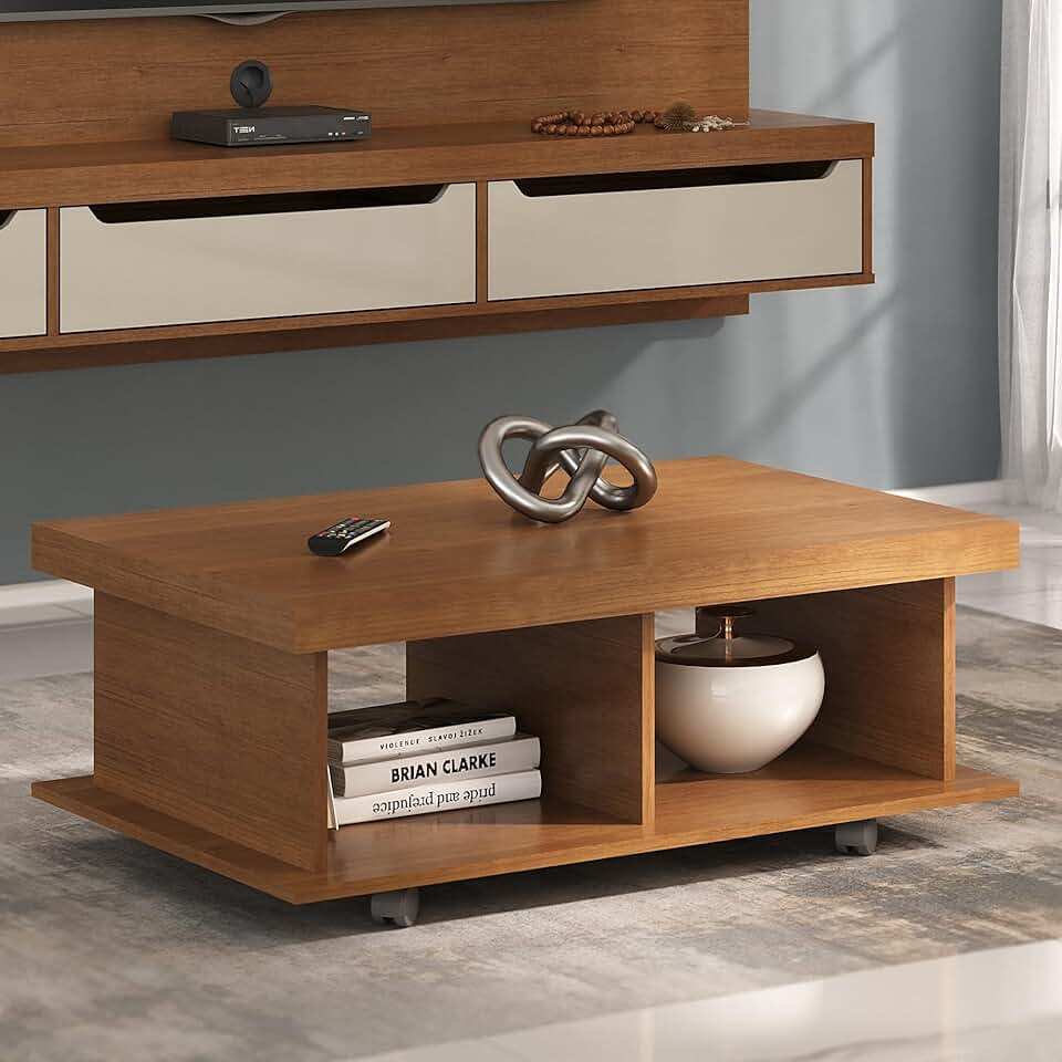 Mesa de Centro com rodízios e tampo em Tamburato 50mm DUNAS cor Cinamomo - Artely