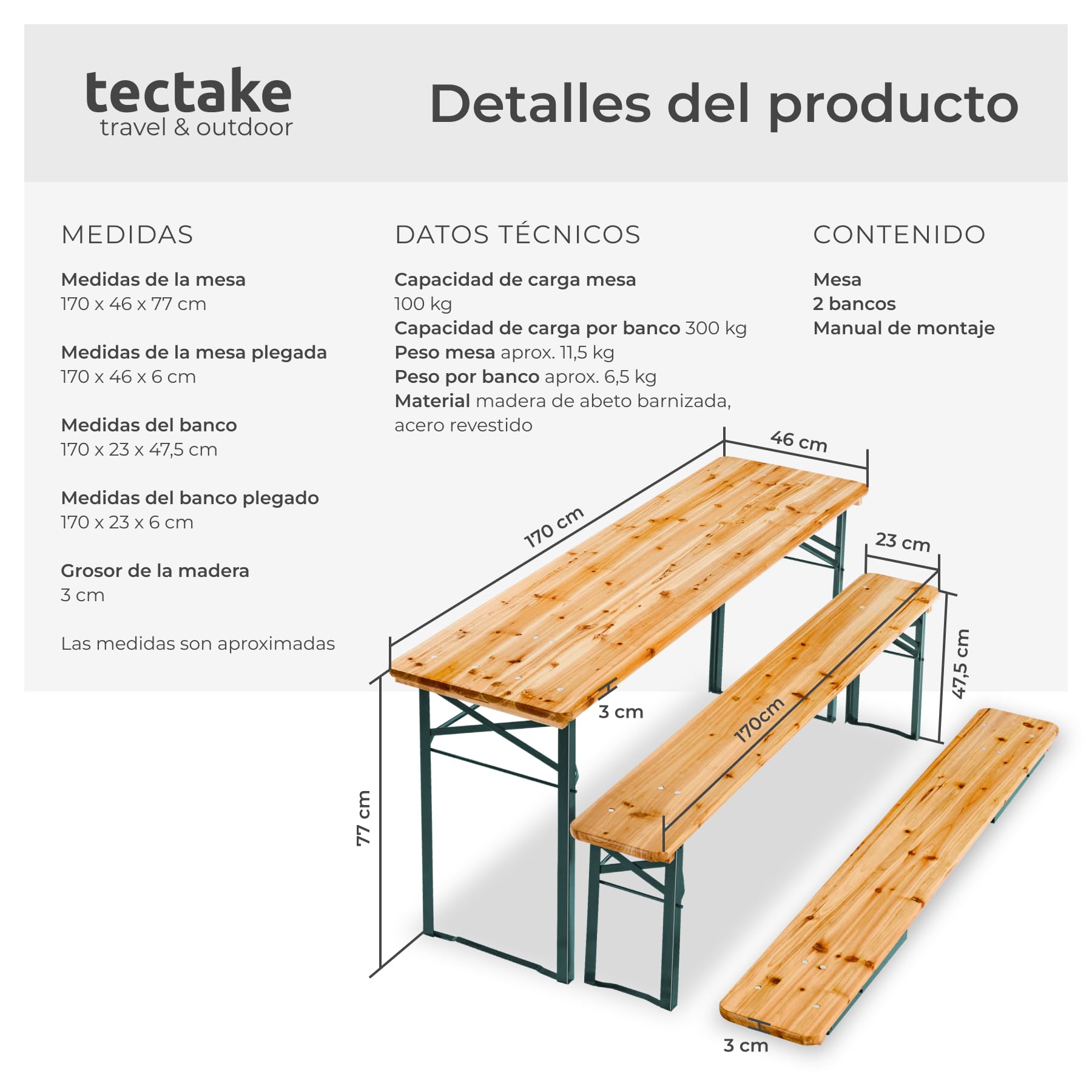 tectake® Conjunto Jardin Exterior, Mesa Picnic Madera con Bancos para Exterior, Resistente, Exterior Ideal Camping, Mesa Plegable Jardin, Muebles de jardín compactos