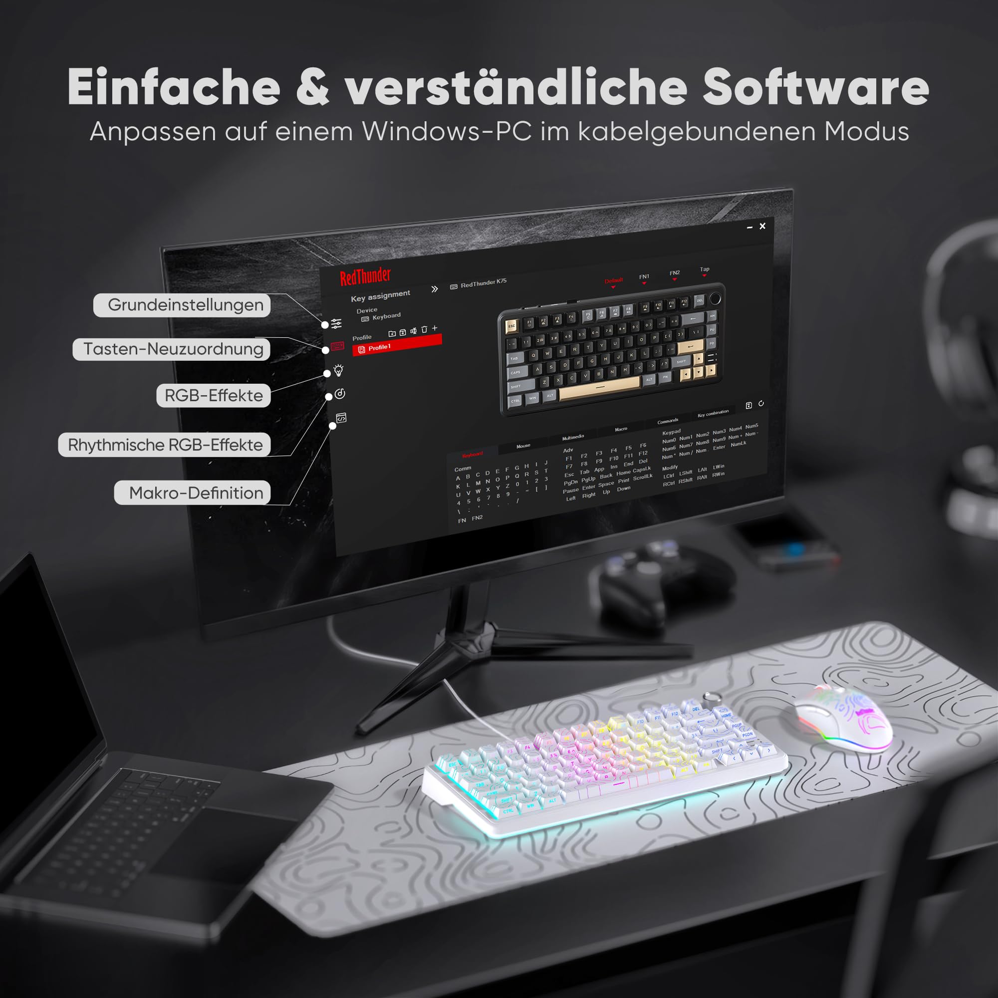 RedThunder K75 Tastiera meccanica da gioco, QWERTY (contorno bianco)