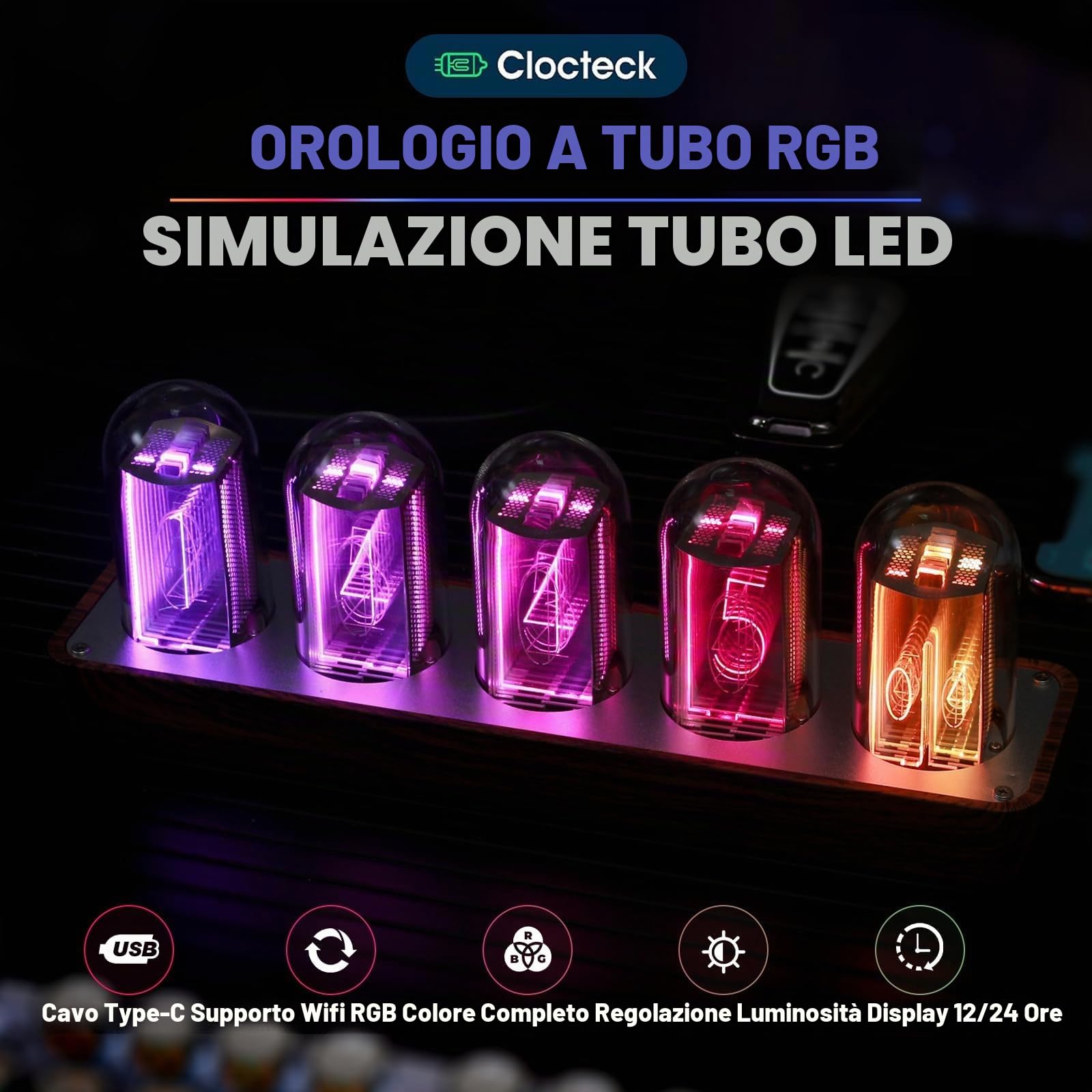 ClocTeck Nixie Tube Clock, WIFI orologio da tavolo,LED Digital Clock, con LED che si illumina in stile retrò, moderno, in legno, alimentato tramite USB, decorazione per la casa, idea regalo