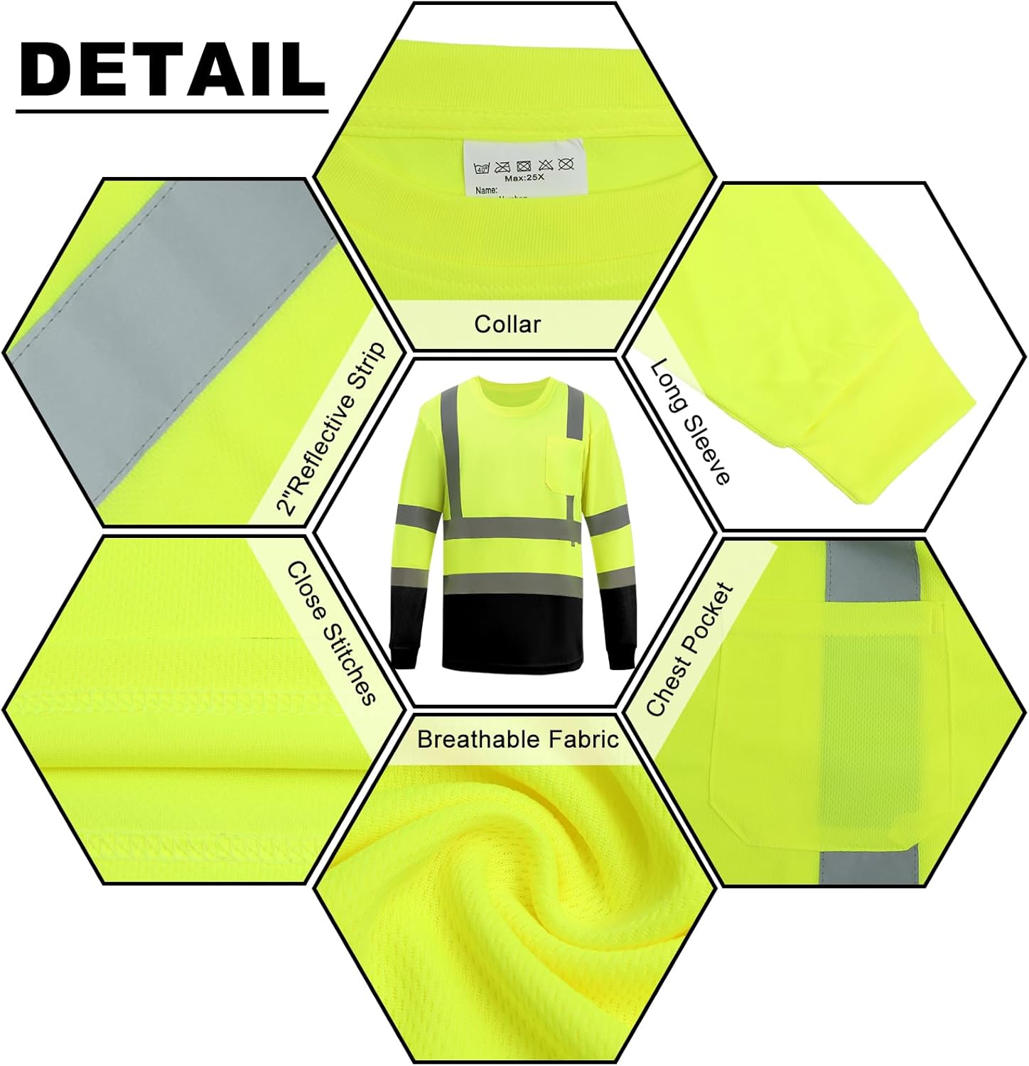 Hi Vis Long Sleeve Reflective T Shirts Safety Work Shirts Black Bottom Fast Dry for Men 12PCS - Image 7