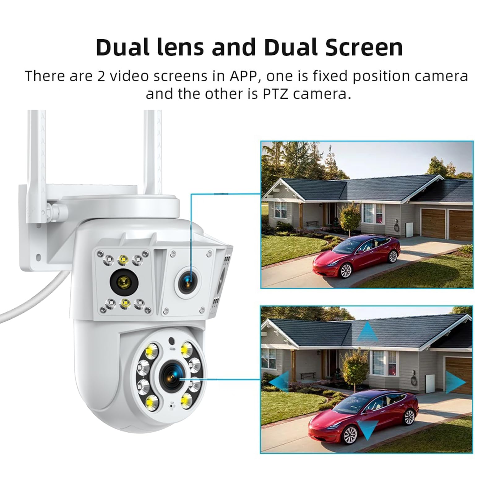 Telecamera di sicurezza 2K per esterni, fotocamera a doppia lente, telecamera CCTV a 360°, WiFi 2.4/5GHz, con registrazione 24/7, visione notturna a colori, rilevamento umano PIR, allarme