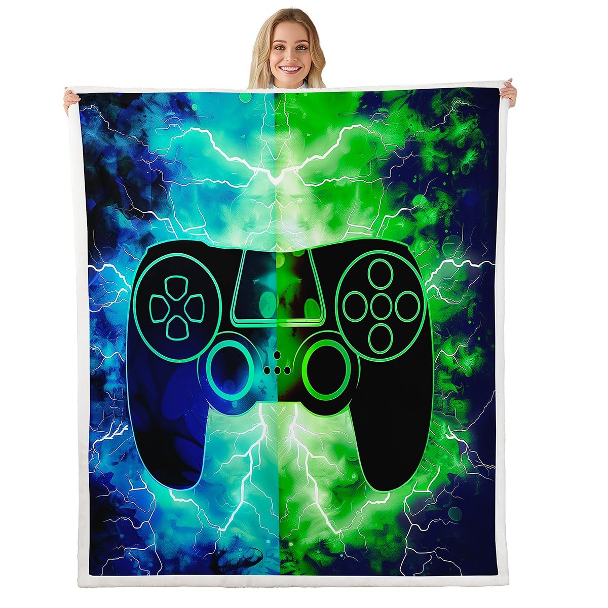 Homemissing Gamer Gaming Decke 150x200cm Blitze Gamepad Wohndecke für Spielkonsole Wohndecke Grün Blau Modern Flanell Fleecedecke