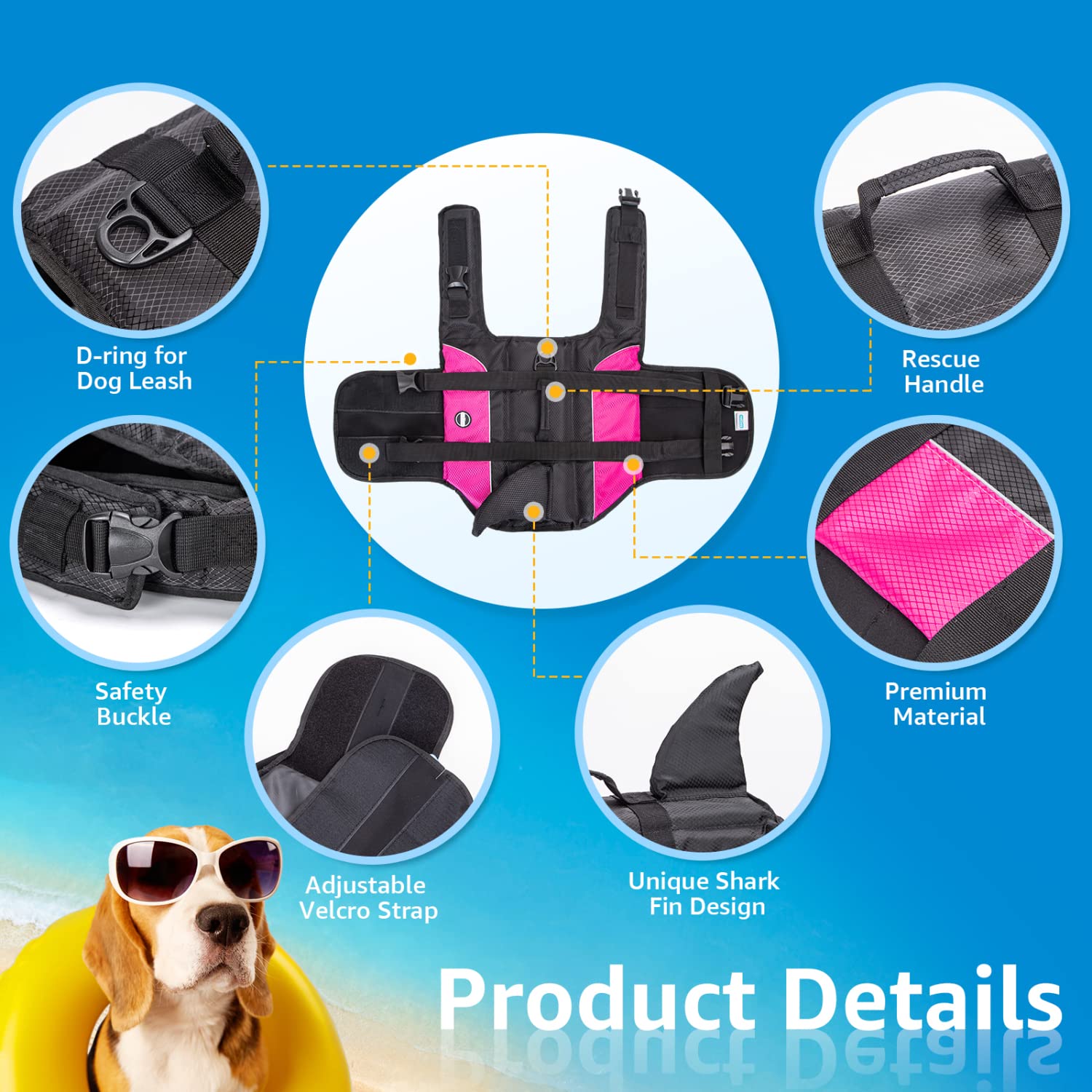 Nobleza - Chaleco Salvavidas para Perros con Aleta De TiburóN, Flotador Perro con Tiras Reflectantes, Chaleco de Natación para Perro con Asa y Alta Flotabilidad para Nadar, Surf, Navegar, Rosa(L)