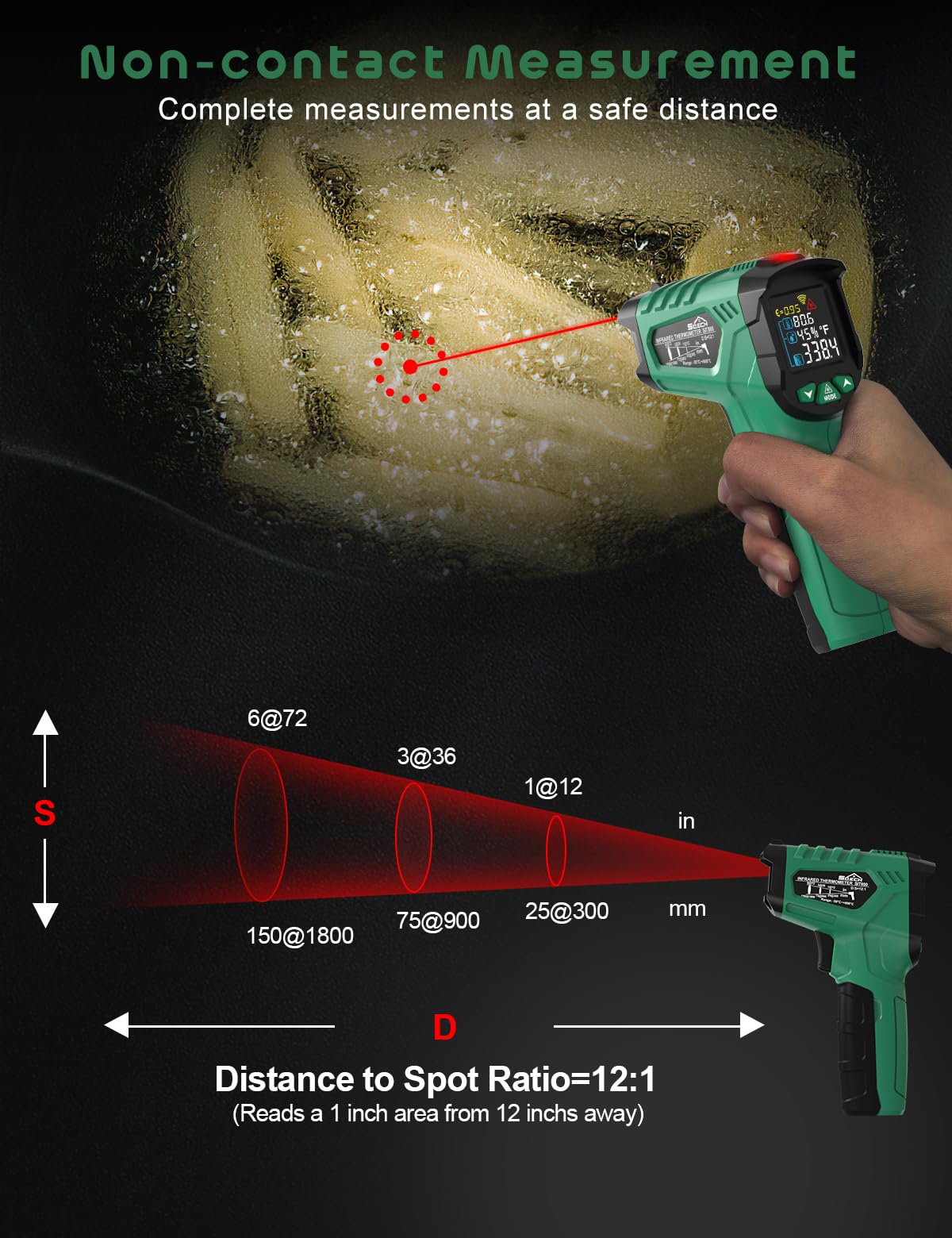 Infrared Thermometer Gun,SQECH Laser Thermometer Gun -58℉～1472℉(-50℃～800℃),Temperature Gun with Ambient Temperature&Humidity/Adjustable Emissivity/Color Backlight for Cooking, Oven,Engine,HVAC — Amazon image 5