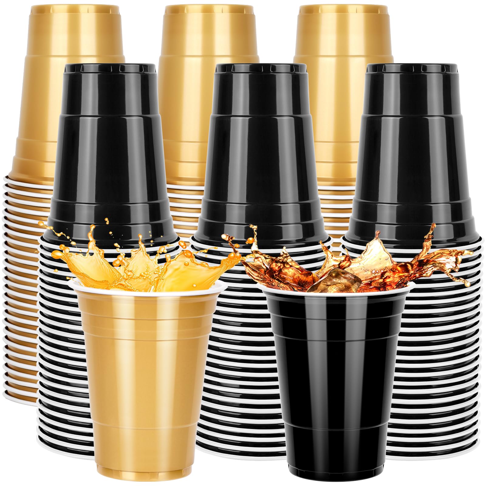 100PCS Black and Gold Plastic Cups 16oz Disposable Party Cups Bulk Pack BPA Free Drinkware for Soda Juice