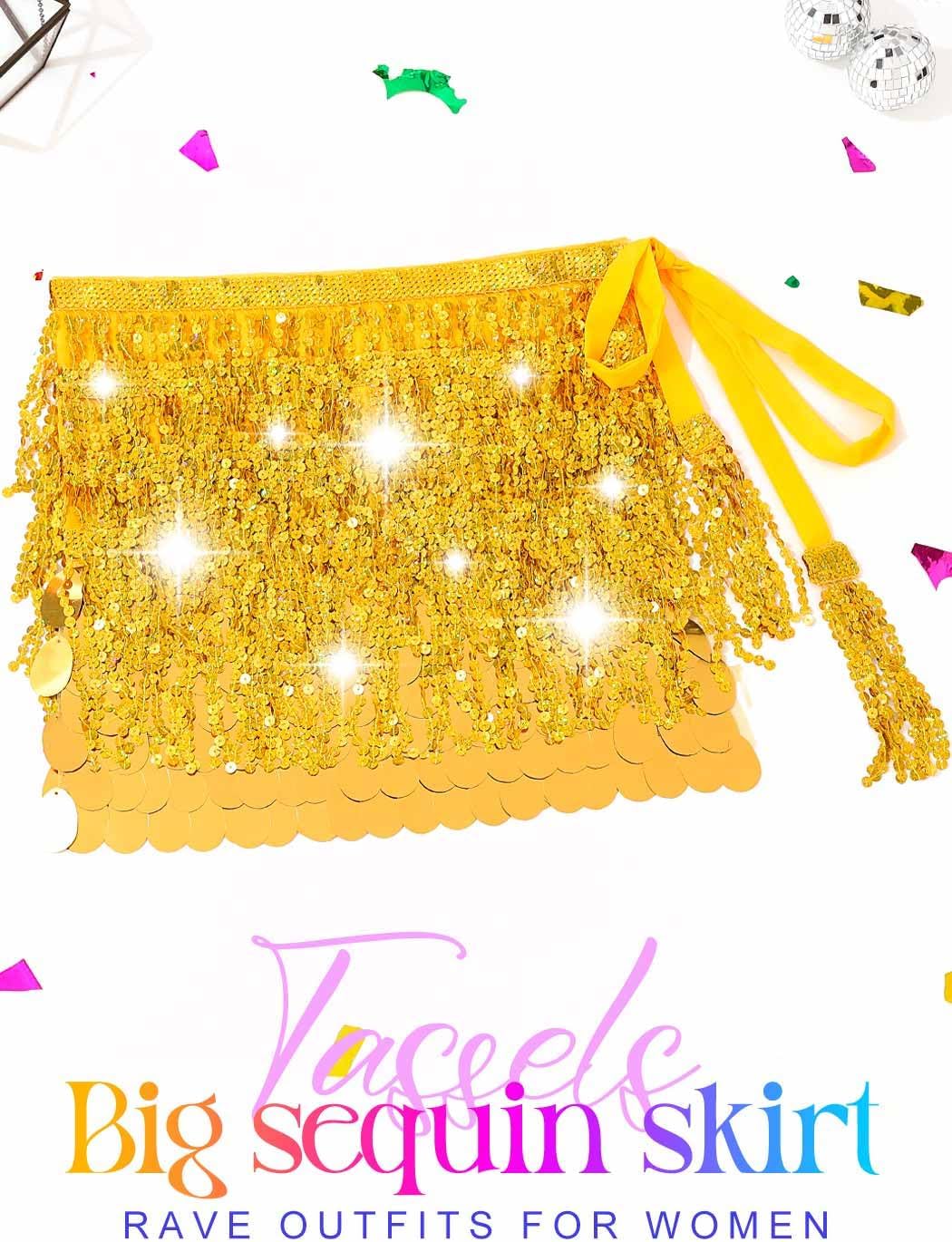 EASEDAILY Gold Sequin Skirt Sparkly Fringe Belly Dance Skirt Glitter Women Mermaid Costume - Image 6
