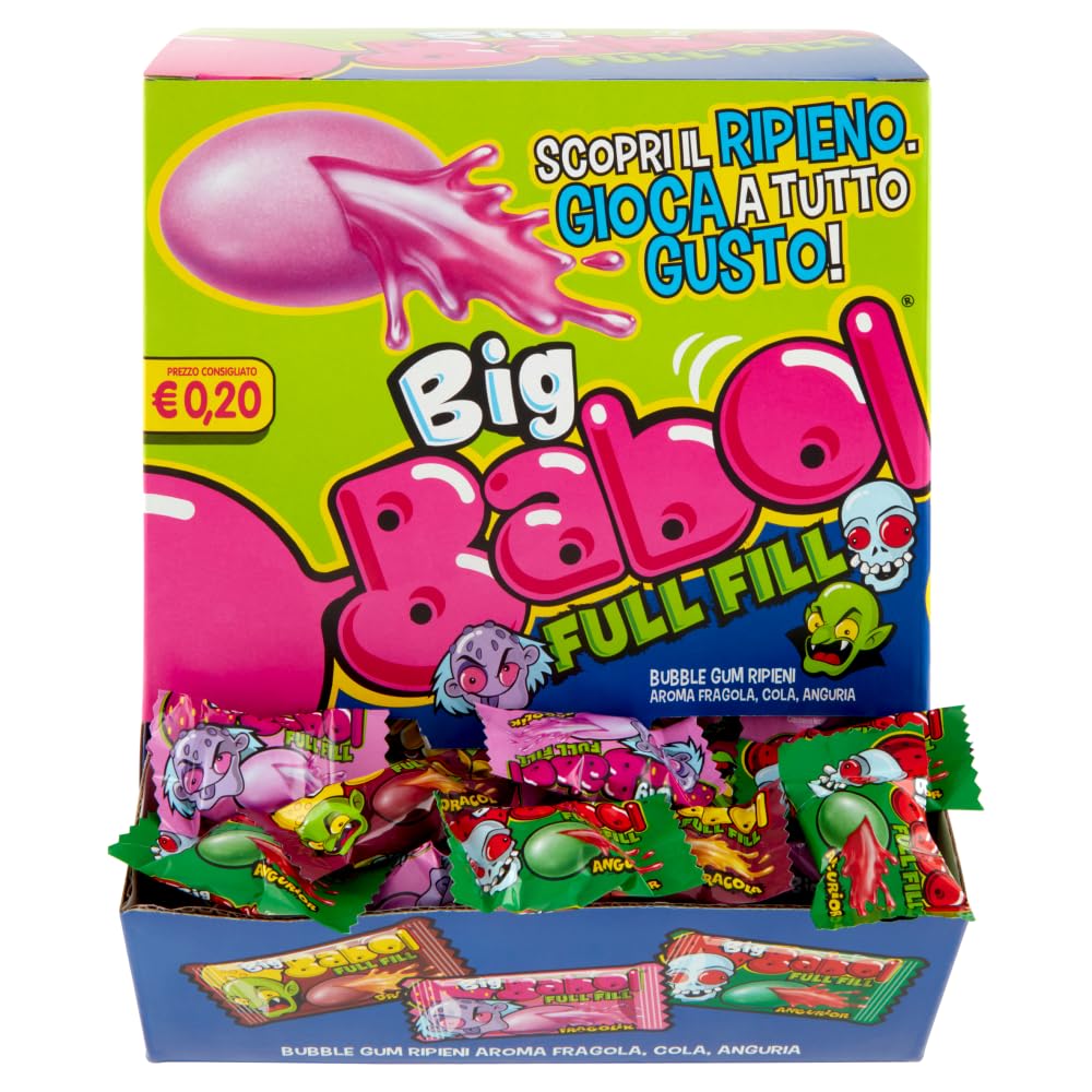 Big Babol Full Fill, Chewing Gum Morbido, Gusto Anguria, Fragola, Cola, Ottime da Condividere, per Feste e Compleanni Bambini, Confezione da 200 Incartate Singolarmente