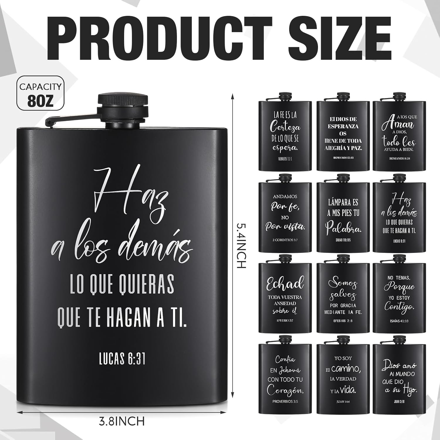 Chengu 12 Pcs Christian Gifts for Men 8oz Hip Flask for Liquor Bible Black Stainless Steel Flasks with Funnels, Leakproof, Inspirational Religious Gift Flask for Christmas Men(Spanish)