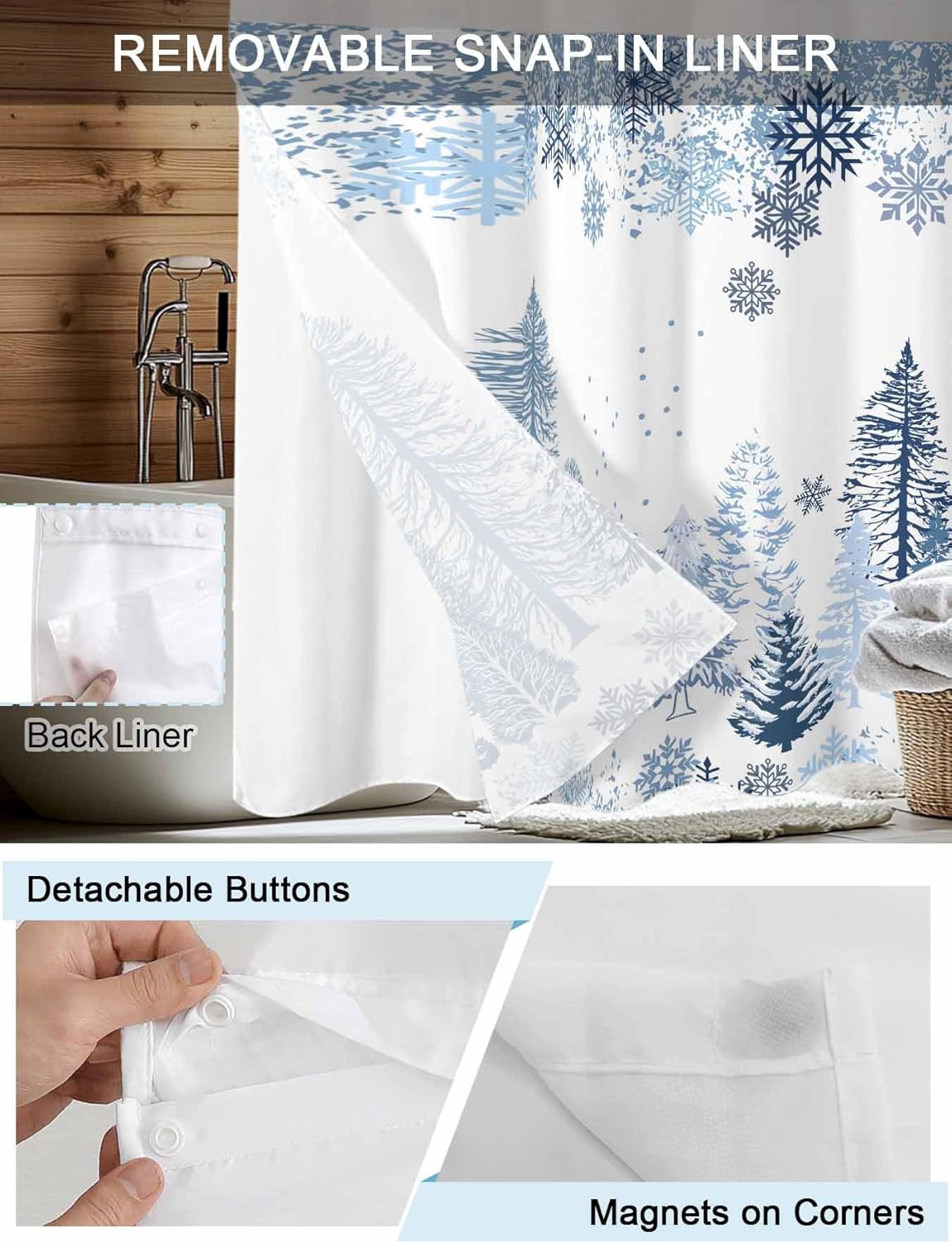 ALAGEO Christmas Shower Curtain with Snap-in Fabric Liner Set Blue Snowflakes No Hook Shower Curtain with Mesh Top Window Christmas Tree Shower Curtains Waterproof 72x72inch