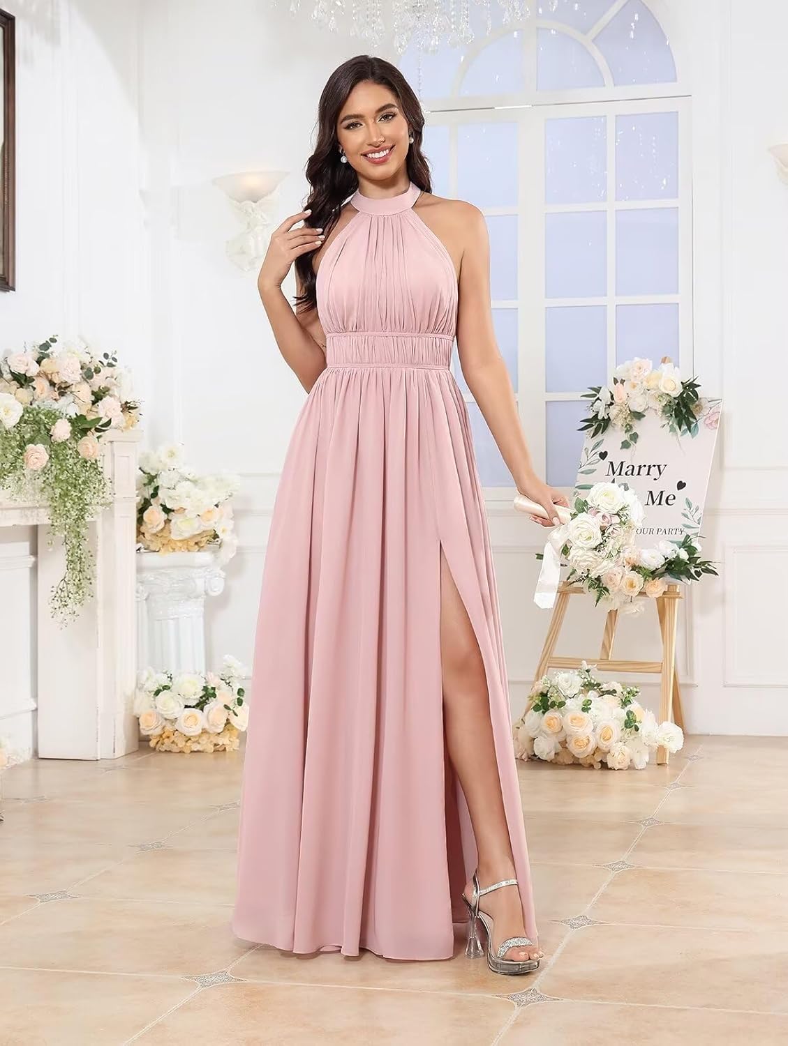 Halter Chiffon Bridesmaid Dresses Long Ruched Top Empire Waist Flowy A Line Prom Dress Formal Gowns for Women - Image 3