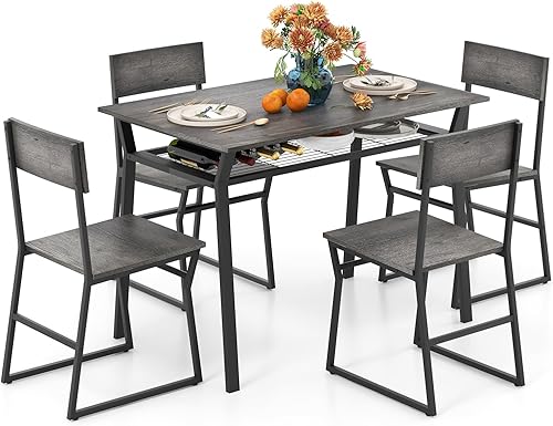 GOFLAME Juego de mesa de comedor de 5 piezas, juego de comedor para 4 personas con marco de metal resistente, estante de almacenamiento, mesa de