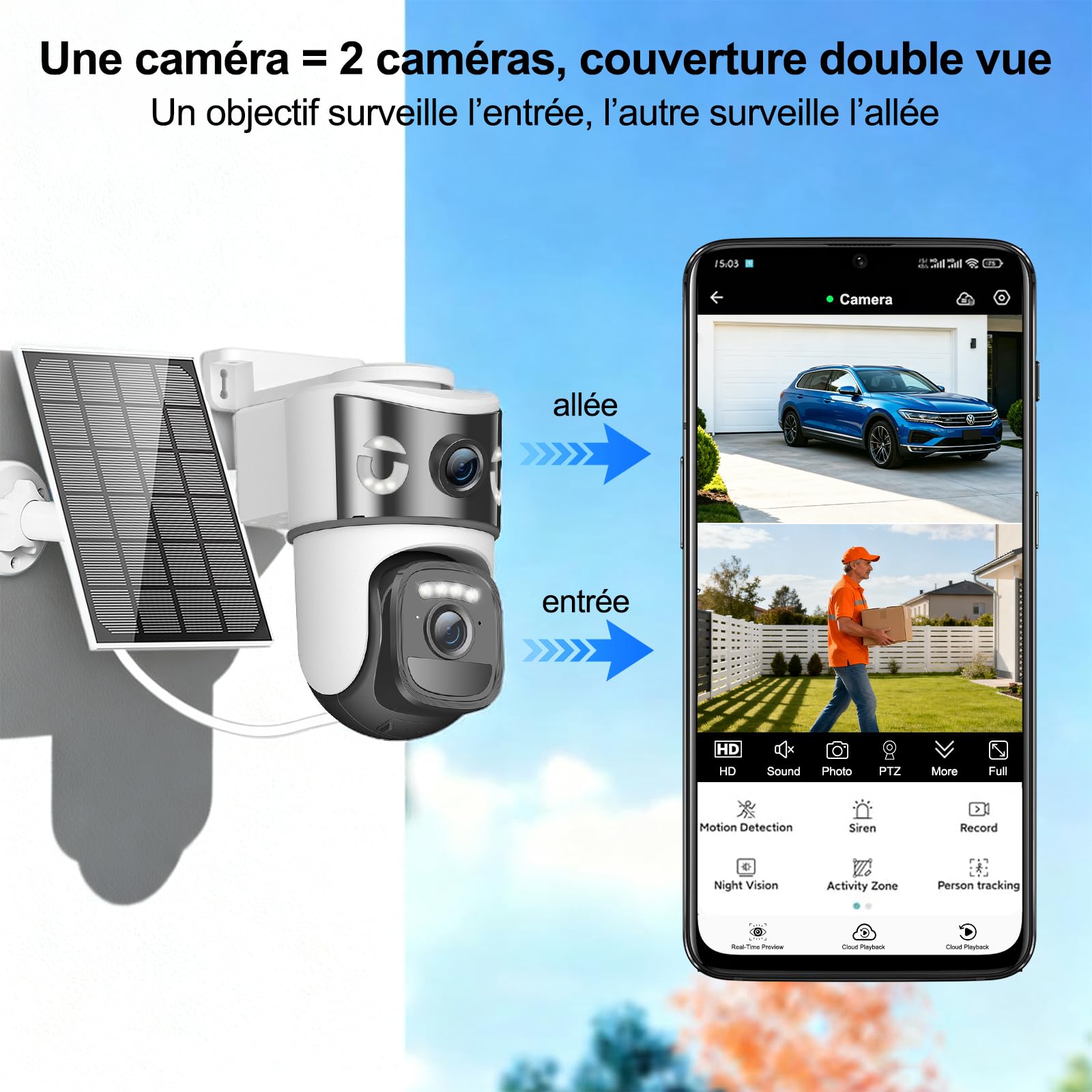 8MP Caméra de Surveillance WiFi Extérieure sans Fil,4K Double Objectif Camera Extérieur Solaire avec Panneau,355° PTZ,Vision Nocturne,Suivi Automatique,PIR Détection Humaine,Audio Bidirectionnel,IP66