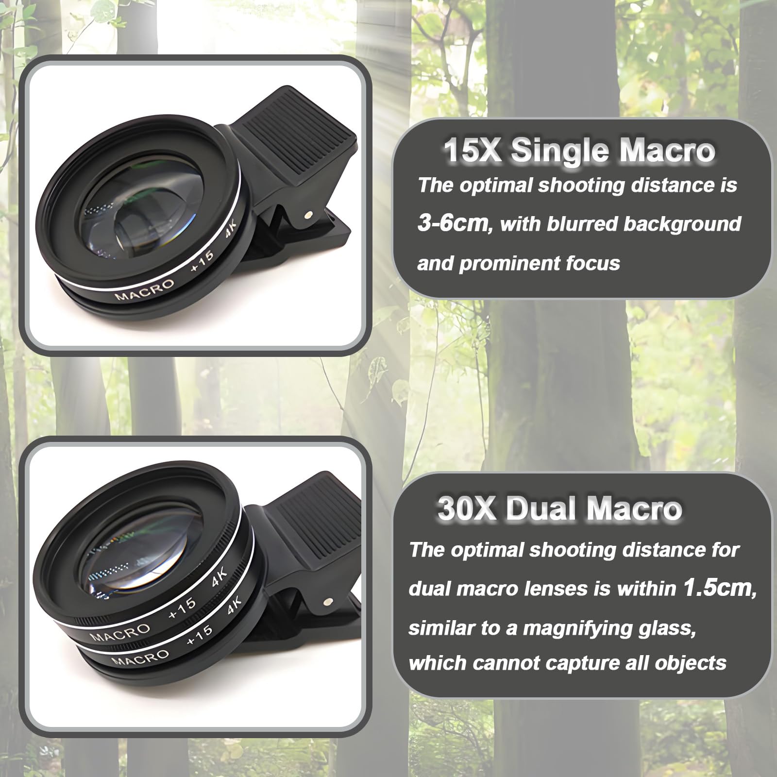 2 en 1 Objectif Macro pour Téléphone, 15-30x Objectif avec Clip, 2 Macro Lens 15x, Compatible avec iPhone, Pixels, Samsung Galaxy, Huawei, Xiaomi