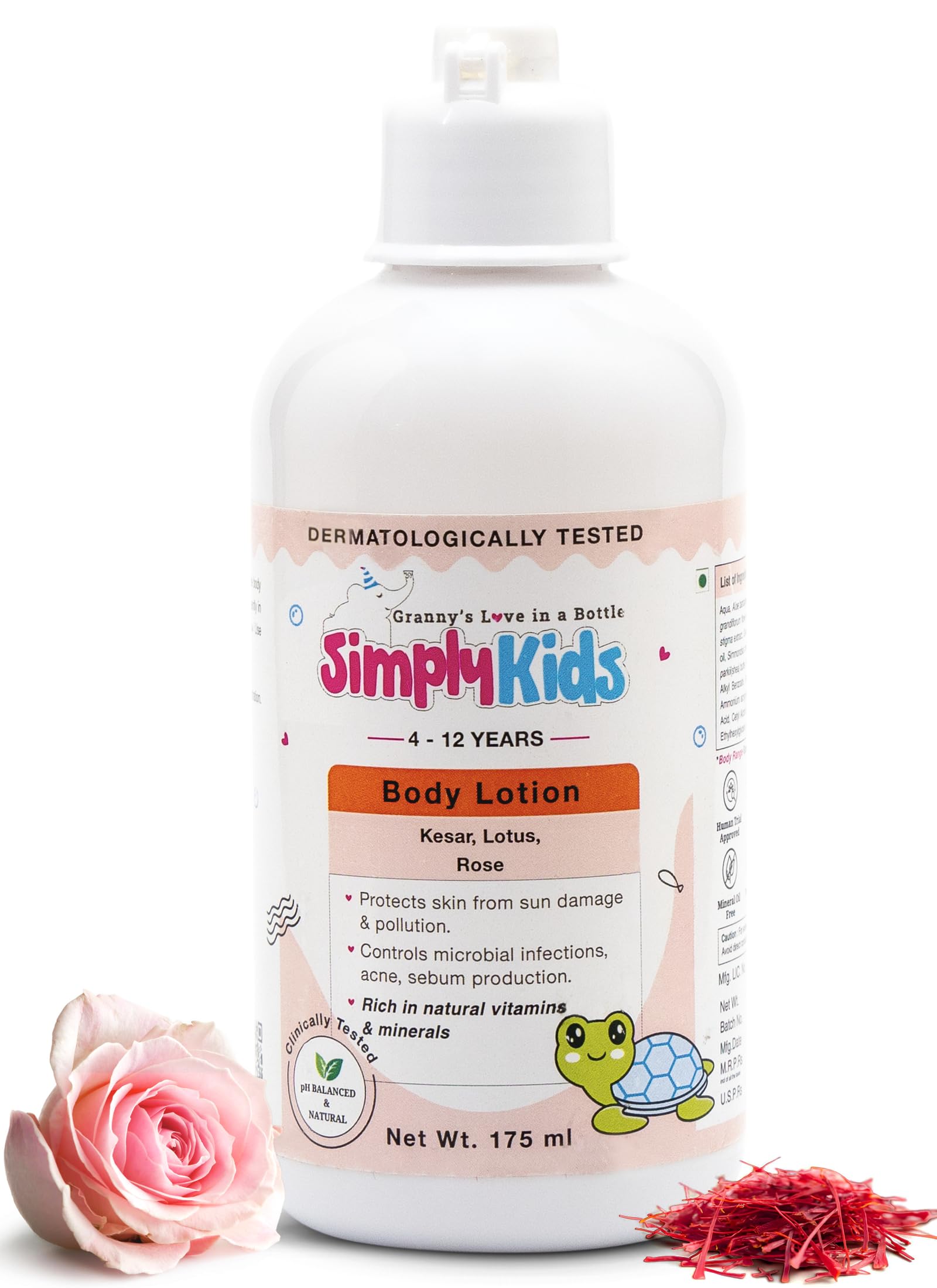 Simply Kids Body Lotion for 4-12 Years | Shea Butter, Kokum Butter, Olive Oil, Saffron Extracts & Niacinamide | Moisturizes, Soothes & Nourishes Dry & Dull Skin | Protects Skin from Tanning & Pollution | Hypoallergenic | Dermatalogically tested | Safe for All Skin Types | 175ml