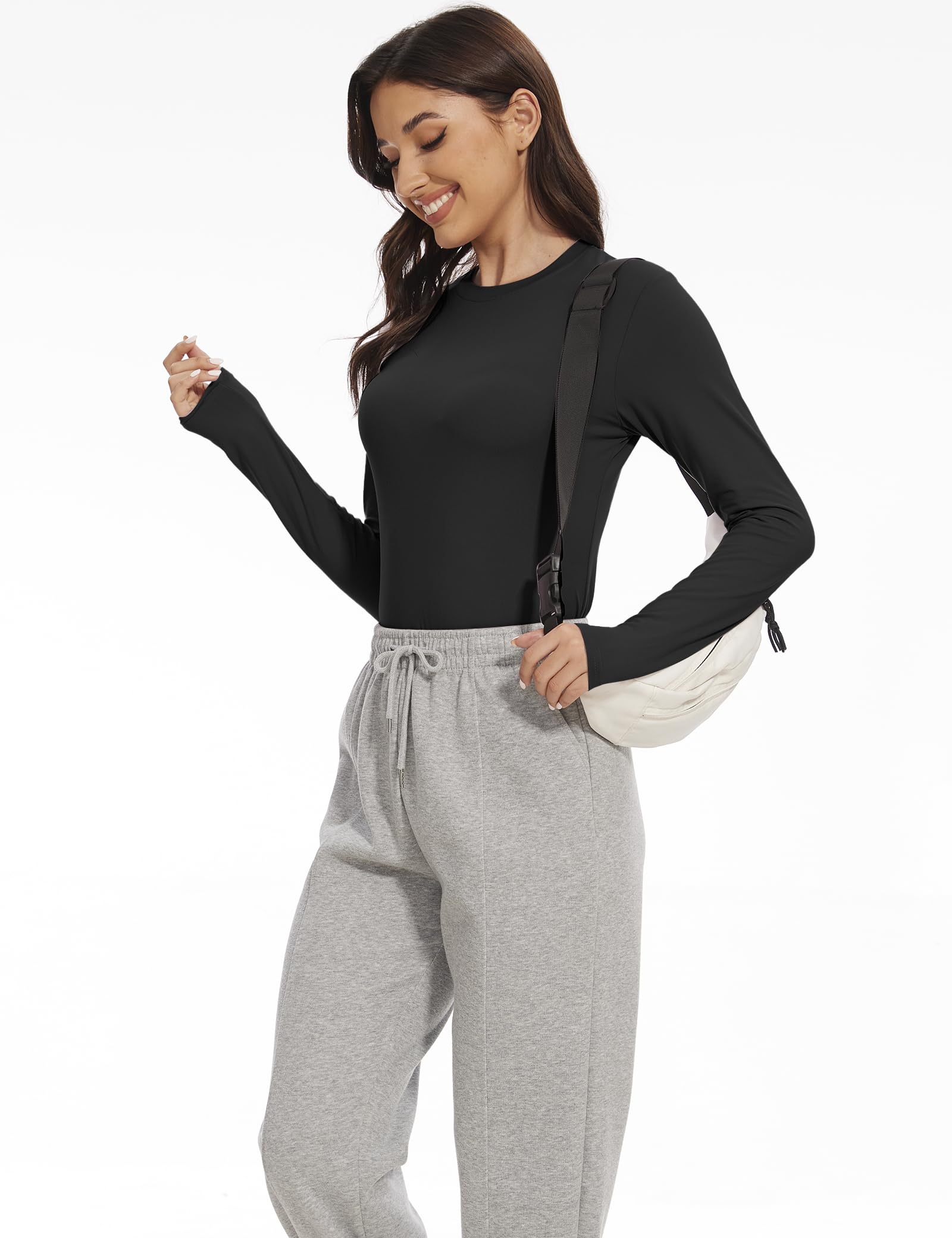 5 Pack Womens Basic Long Sleeve Shirts Crew Neck Slim-Fit Fitted T Shirts Tops Undershirts Underscrub Baselayer