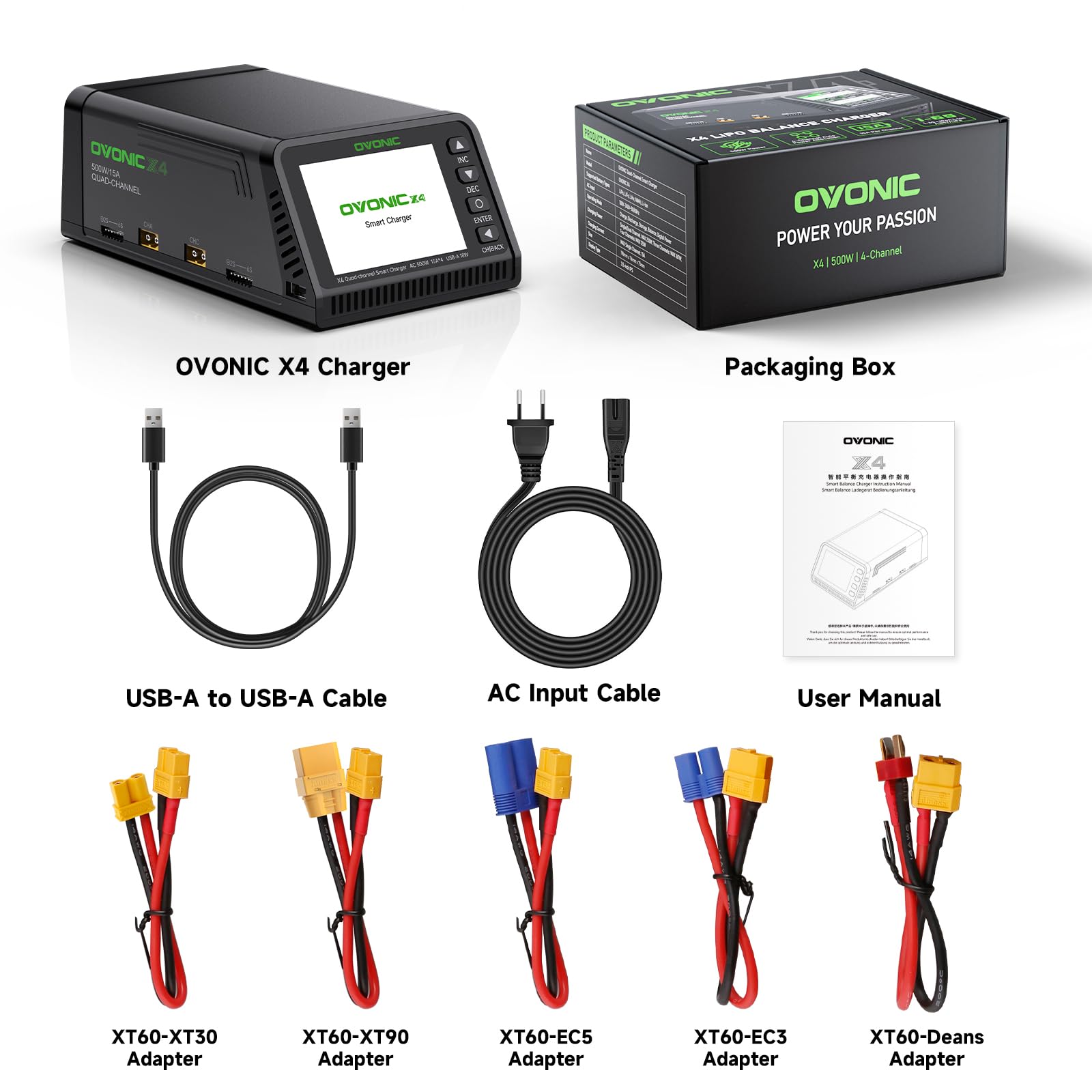 OVONIC X4 AC 500W 4 canaux LiPo Balance Chargeur 15A pour canal prend en charge LiPo/Li-Ion/LiHV/Life 1-6S NiMH 3-18S Protection de sécurité incluse