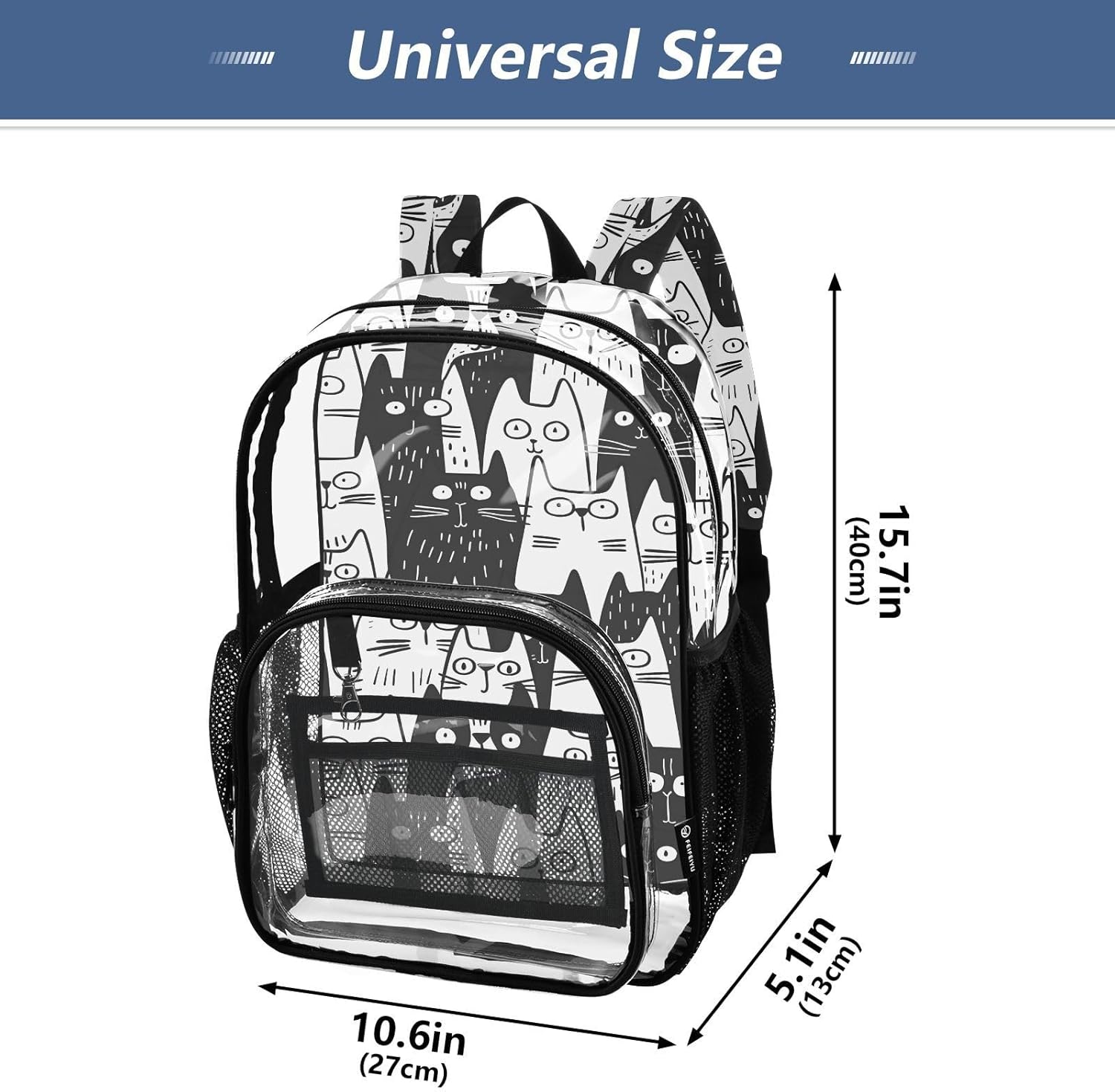 Cat Kitten Black White Clear Backpack Heavy Duty See Through Transparent PVC BookBag for Kids Boy Girl Adult School Work