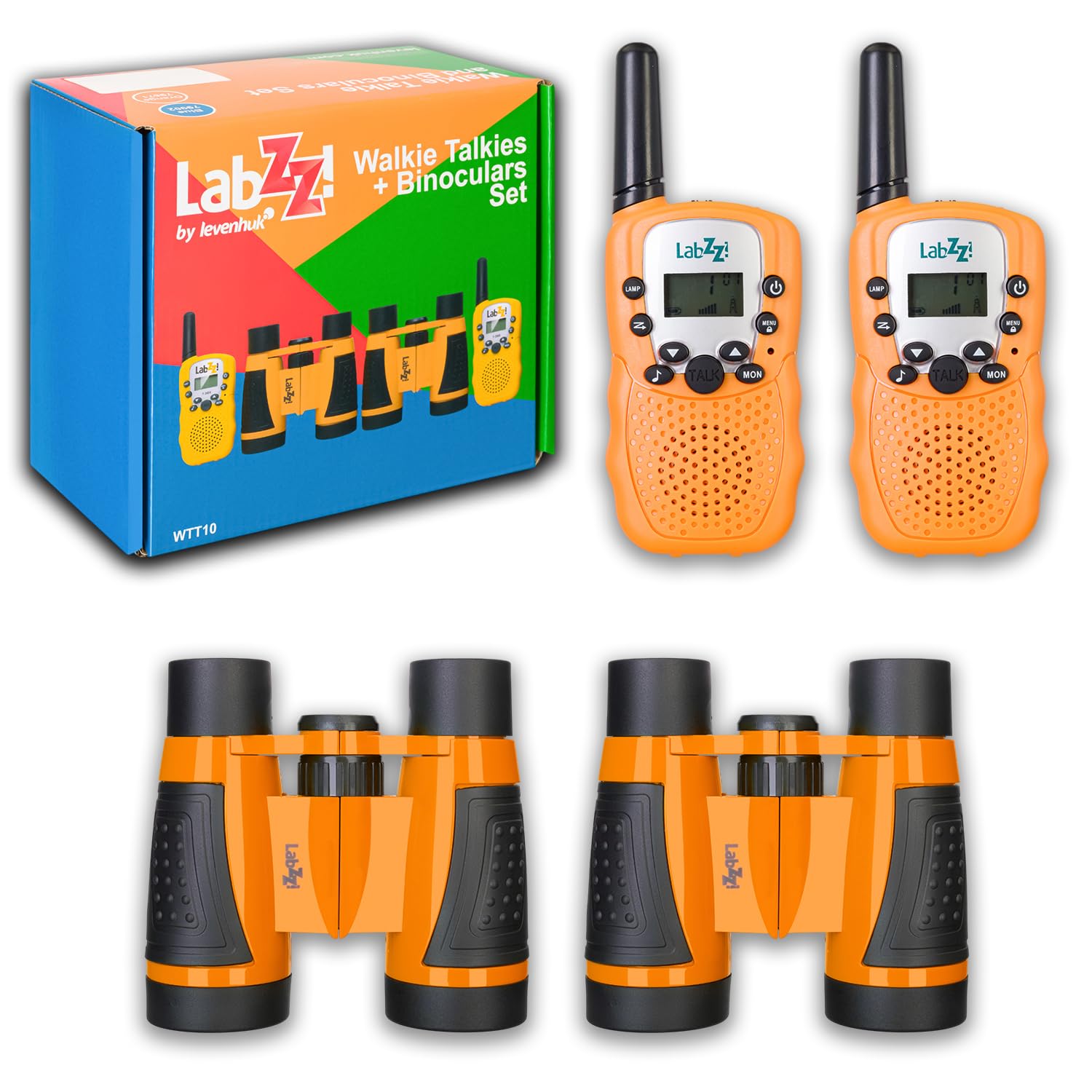 Levenhuk LabZZ WTT10 Kids Explorer Set of 2 Walkie Talkies and 2 Binoculars for Outdoor Games and Activities, Orange