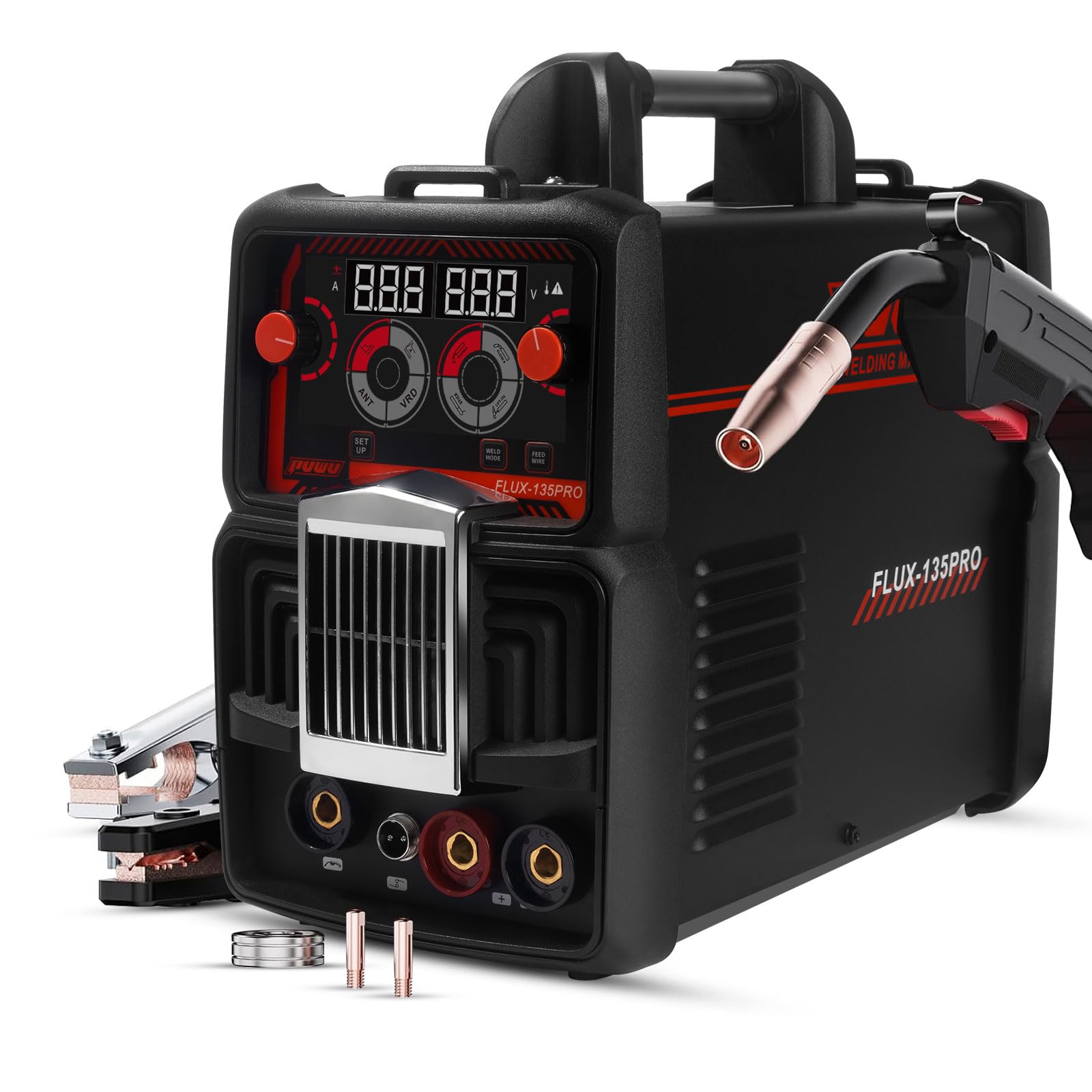 135A 110V MIG Welder,Flux Core Welder with Flux MIG/Lift TIG/Stick 3-in-1 IGBT Inverter LED Digital Display Gasless Welder with Thermal Protection,Hot Start,Adjustable Arc Force,VRD,and Anti-Stick
