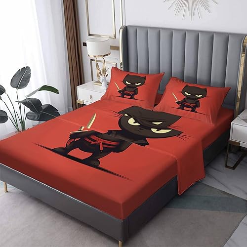 Samurai J7-&-306 - Juego de sábanas y fundas de almohada de 4 piezas, sábana bajera ajustable de microfibra suave con bolsillo profundo, sábana