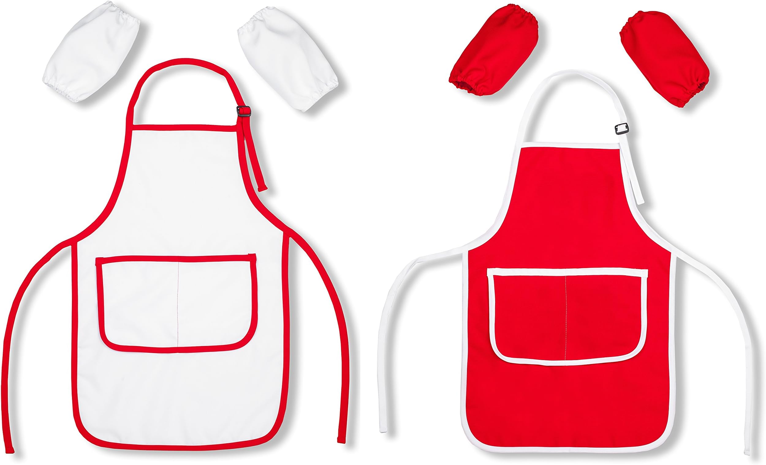 VinnCom Kids Apron for Toddler. Art Smocks for Girls and Boys with Sleeves and Pockets. Set of 2 pack Aprons for Cooking, Painting, Baking (Red, White)