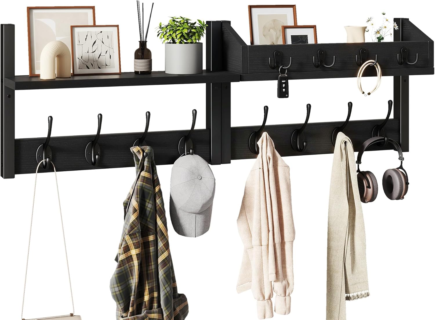 YMYNY 4 in 1 Coat Rack Wall Mount with Shelf, 31.5" Key and Coat Hanger with 12 Metal Hooks, Wall Shelf with Hooks & Mail Holder for Entryway, Living Room, Black, HWS007B-2