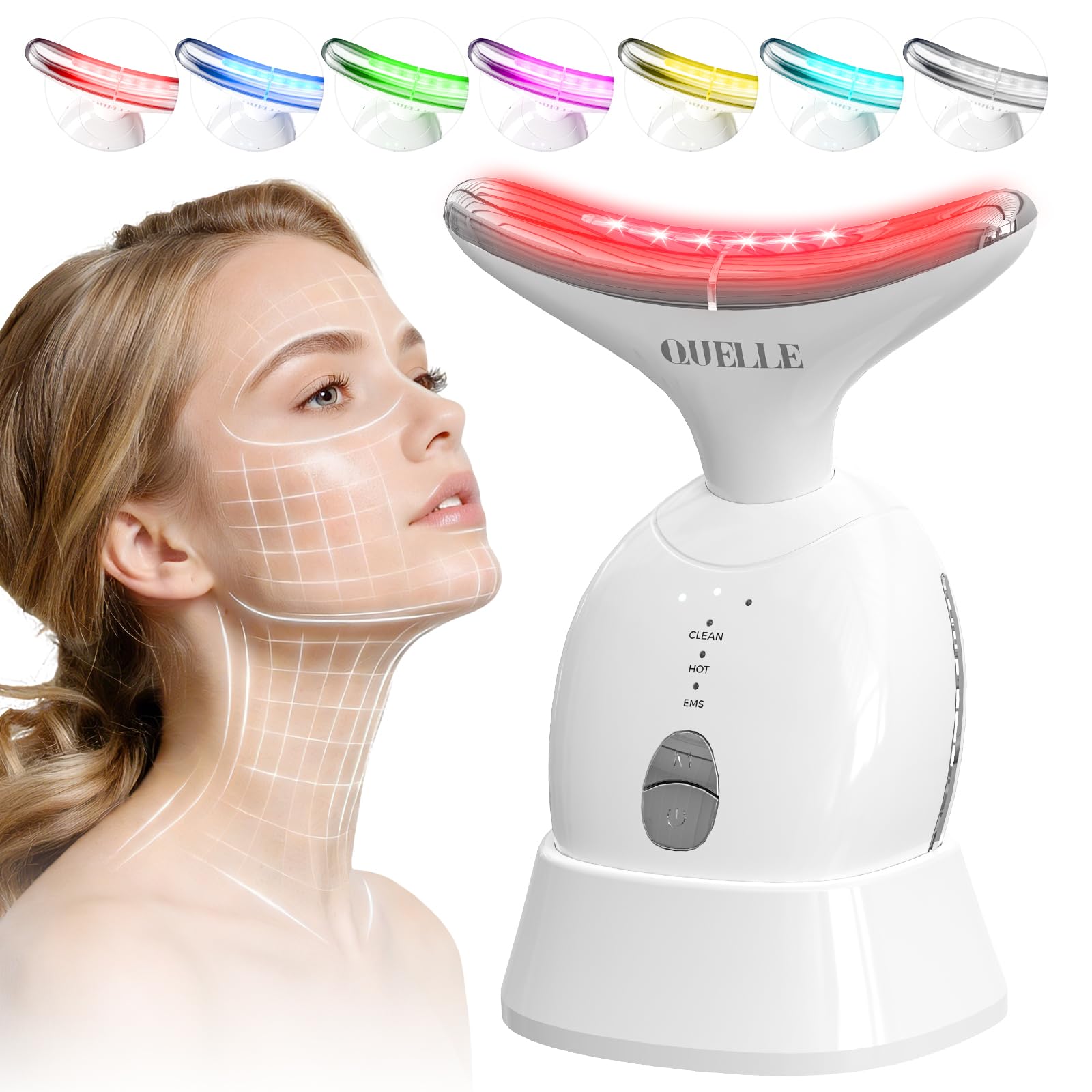 QUELLE Masajeador Facial Eléctrico, Masajeador Facial Antiarrugas con 3 Modos y 7 Colores LED,Terapia de Calor a 45℃,Microcorrientes Facial para Reafirmar Cara y Cuello