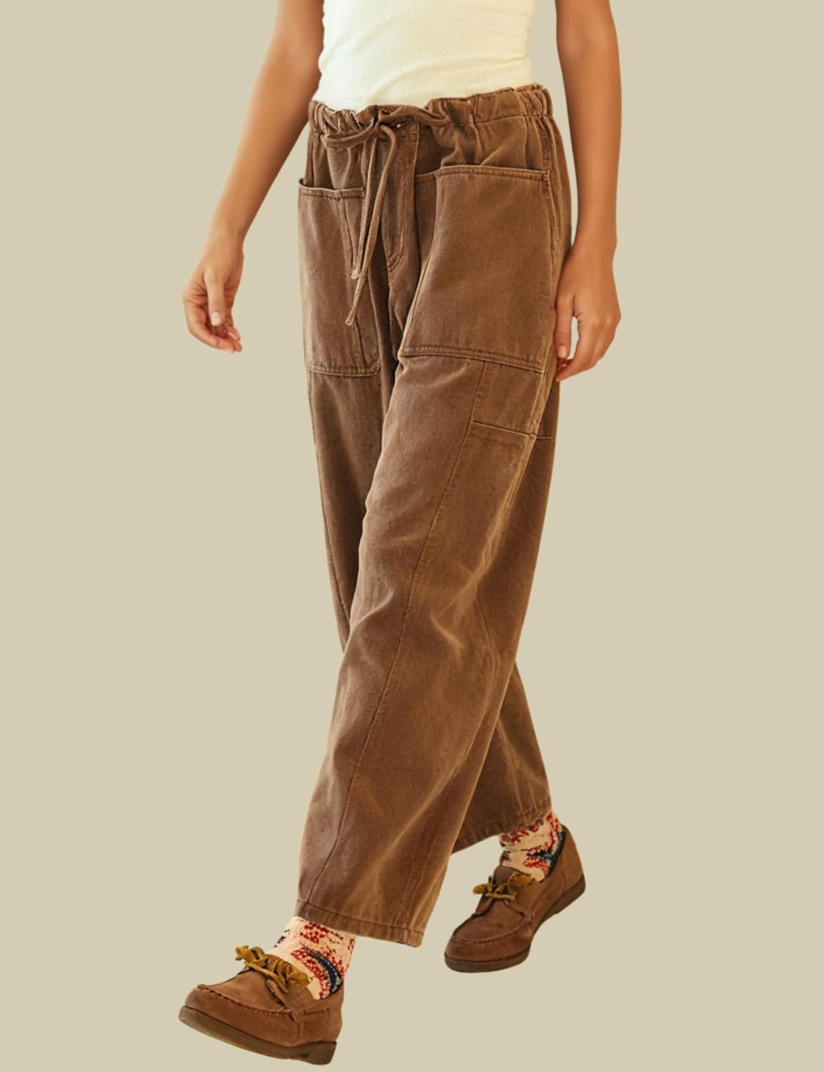 InterNos Women's Trendy Barrel Pants Wide Leg Mid Waisted Trousers Adjustable Drawstring Baggy Pants with Pockets - Image 6